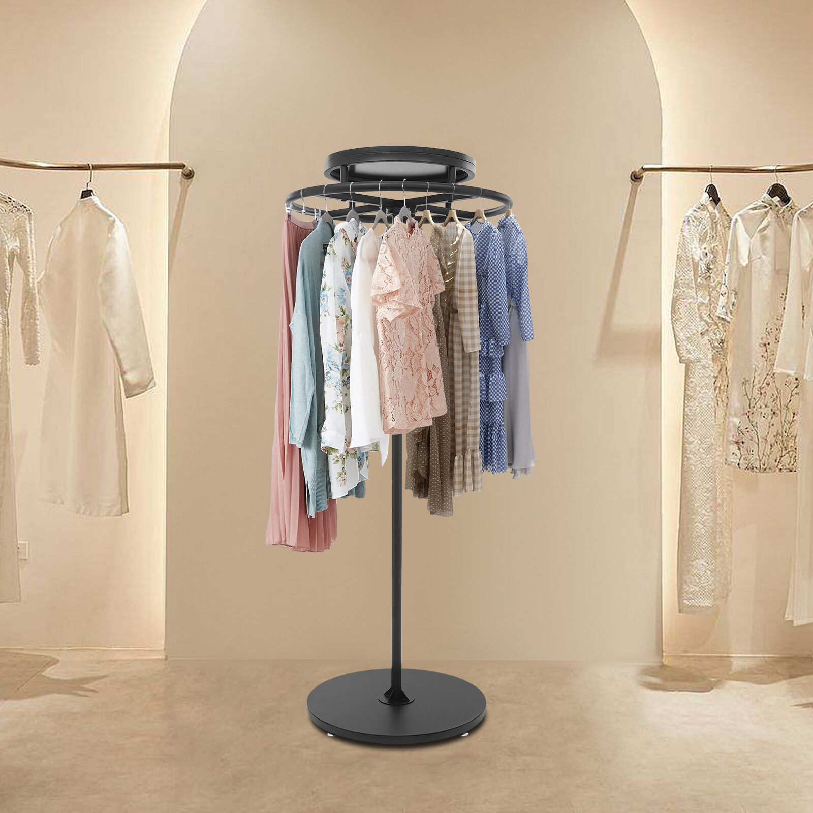 Round Clothing Rack Floor Standing Clothes Hanging Rack Garment Display black
