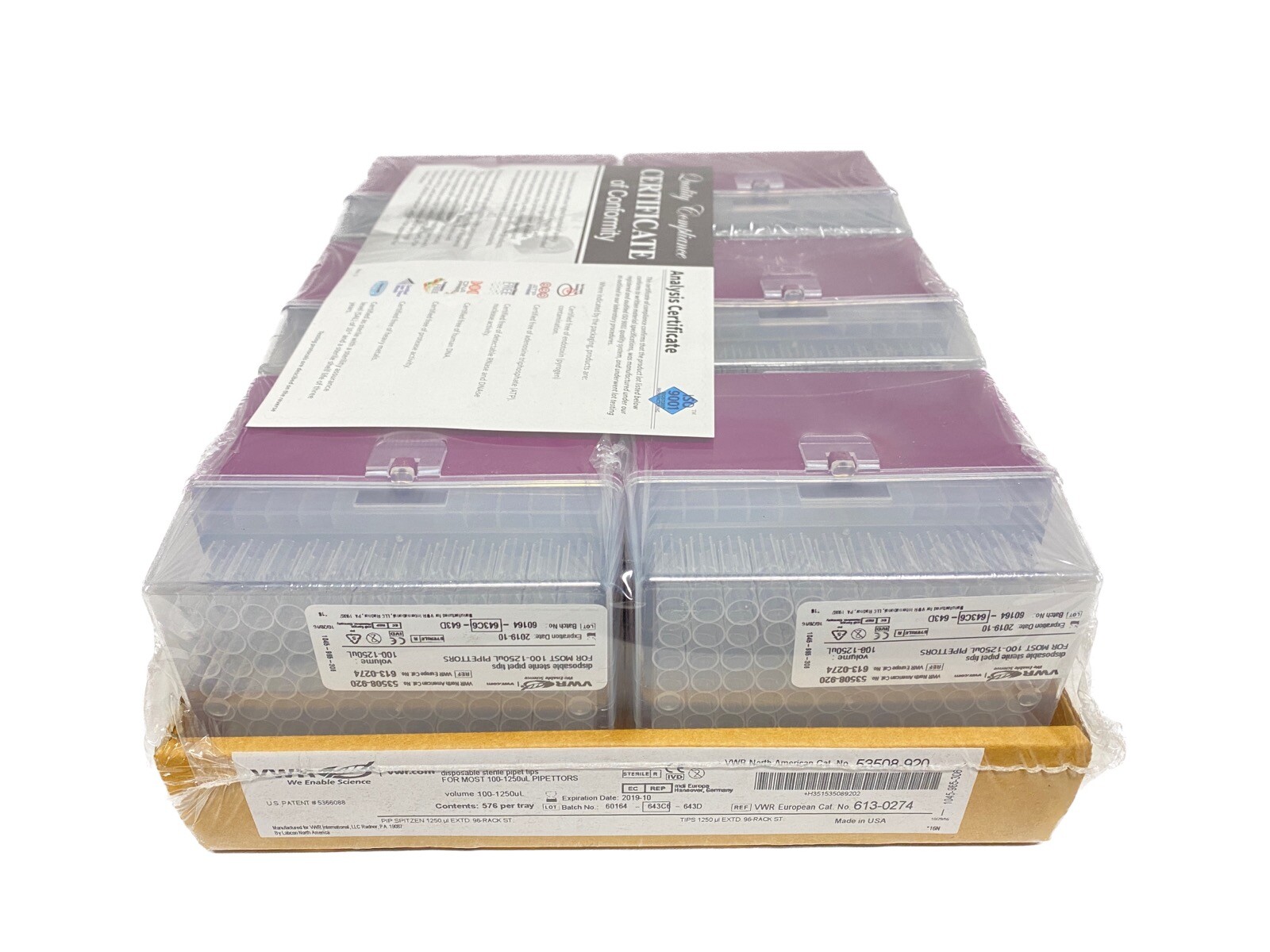 (576) VWR 1250uL FlexTop Extended Length Pipet Tips 96/Hinged Rack 53508-920