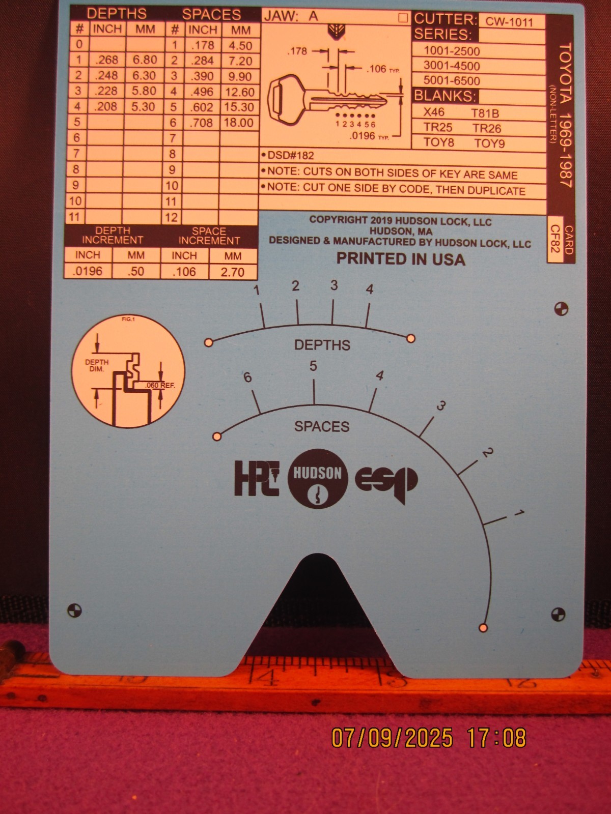 HPC 1200 BLITZ KEY CODE CARD CF 82 ( TOYOTA 1969 THUR 1987 NON LETTER) BRAND NEW
