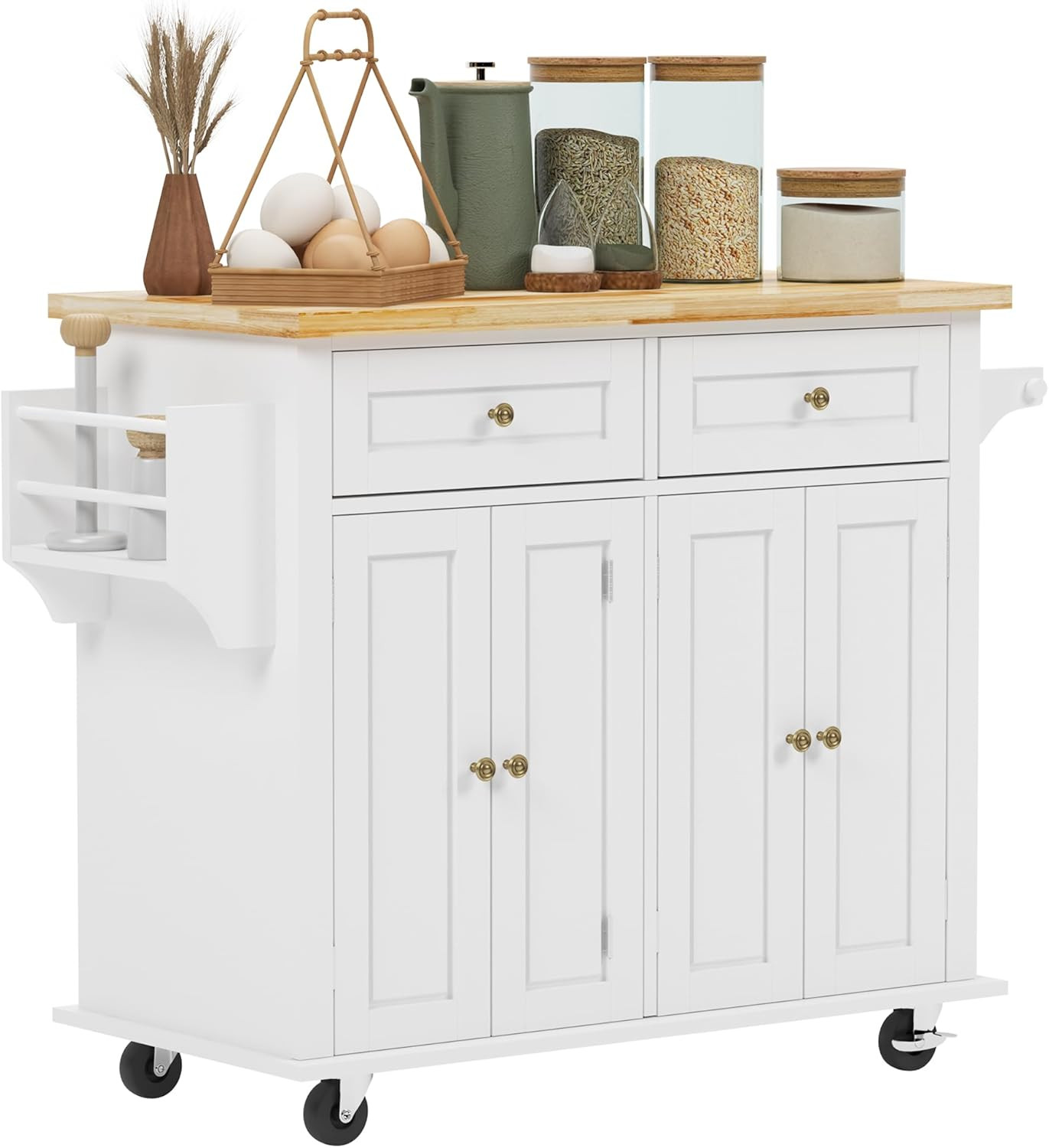 Kitchen Island Cart with Storage, Wheels, and Spice Rack, White&Maple