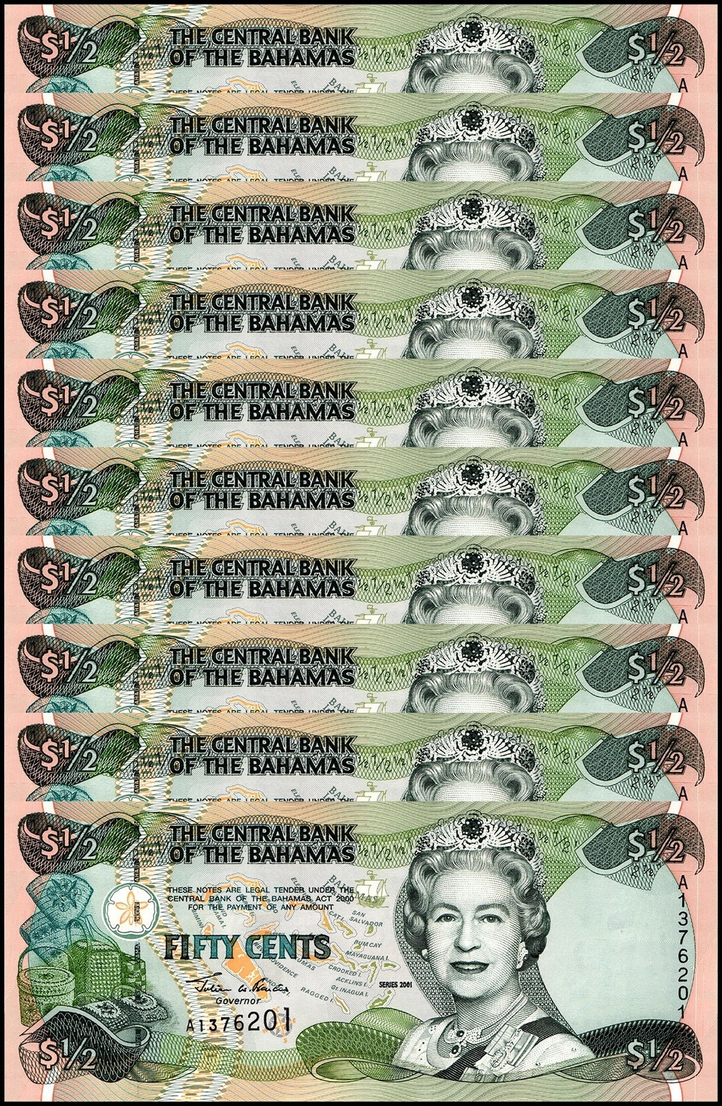 Bahamas 1/2 Dollar, 2001, P-68, UNC X 10 PCS
