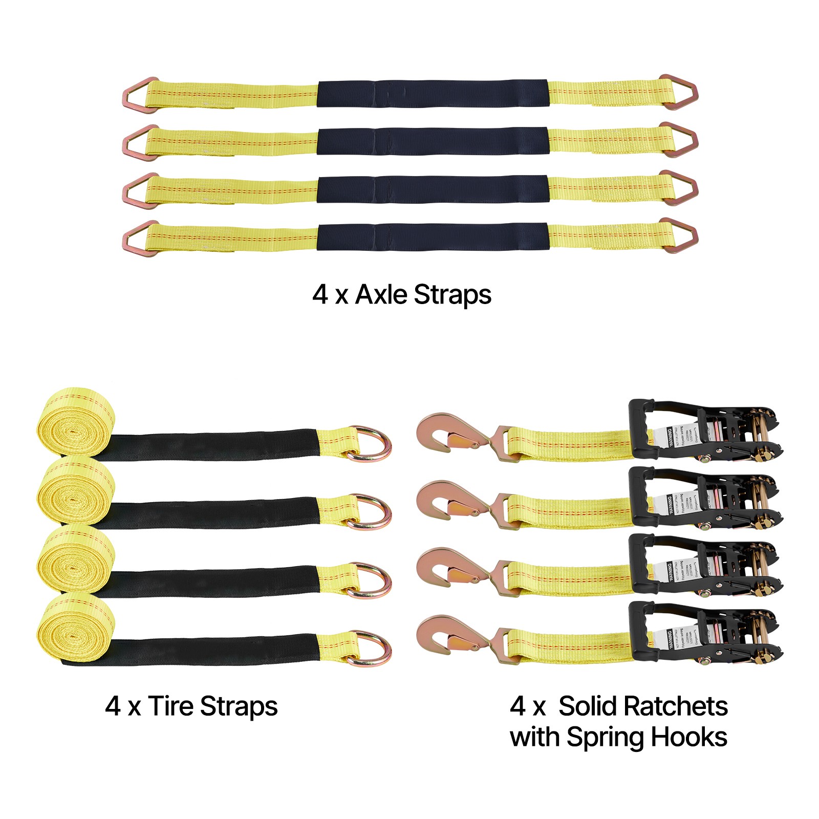 4 Set Wheel Chock Tie-Down Kit Flatbed Ratchet Tie Down Strap w/Spring Hooks