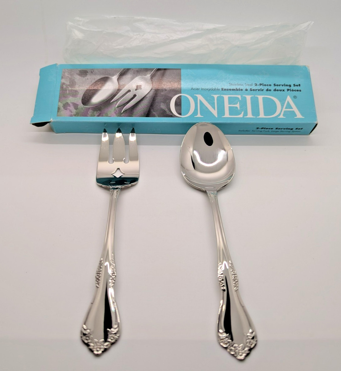 NEW Oneida Amadeus Mansfield Stainless Steel 2 Piece Serving Set, Fork Spoon