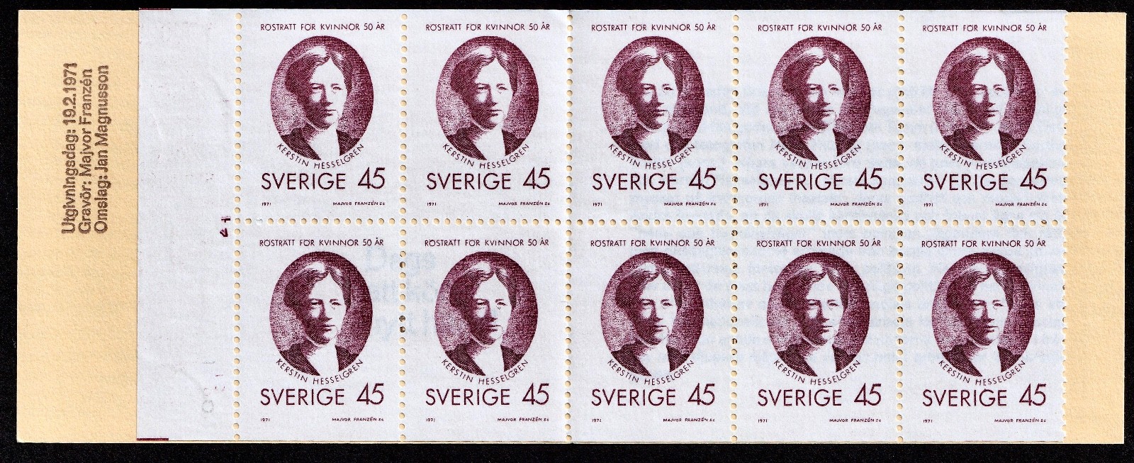Sweden, Complete Booklet Pane of 10 Stamps, MNH-1971, 45 öre, Sc. 885a, SG SB256