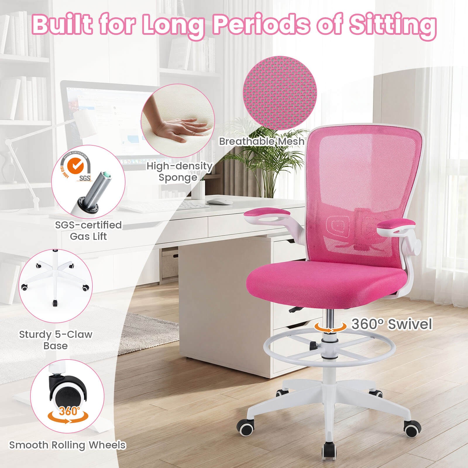 Home Office Drafting Chair w/Flip-Up Armrests Adjustable Footrest Ring for Study