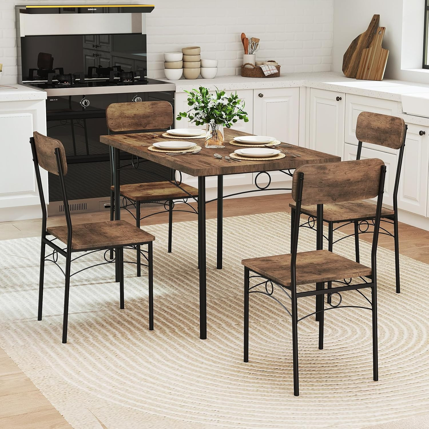 Dining Table Set for 4, Rectangle Kitchen Table and 4 Farmhouse Dining Chairs wi