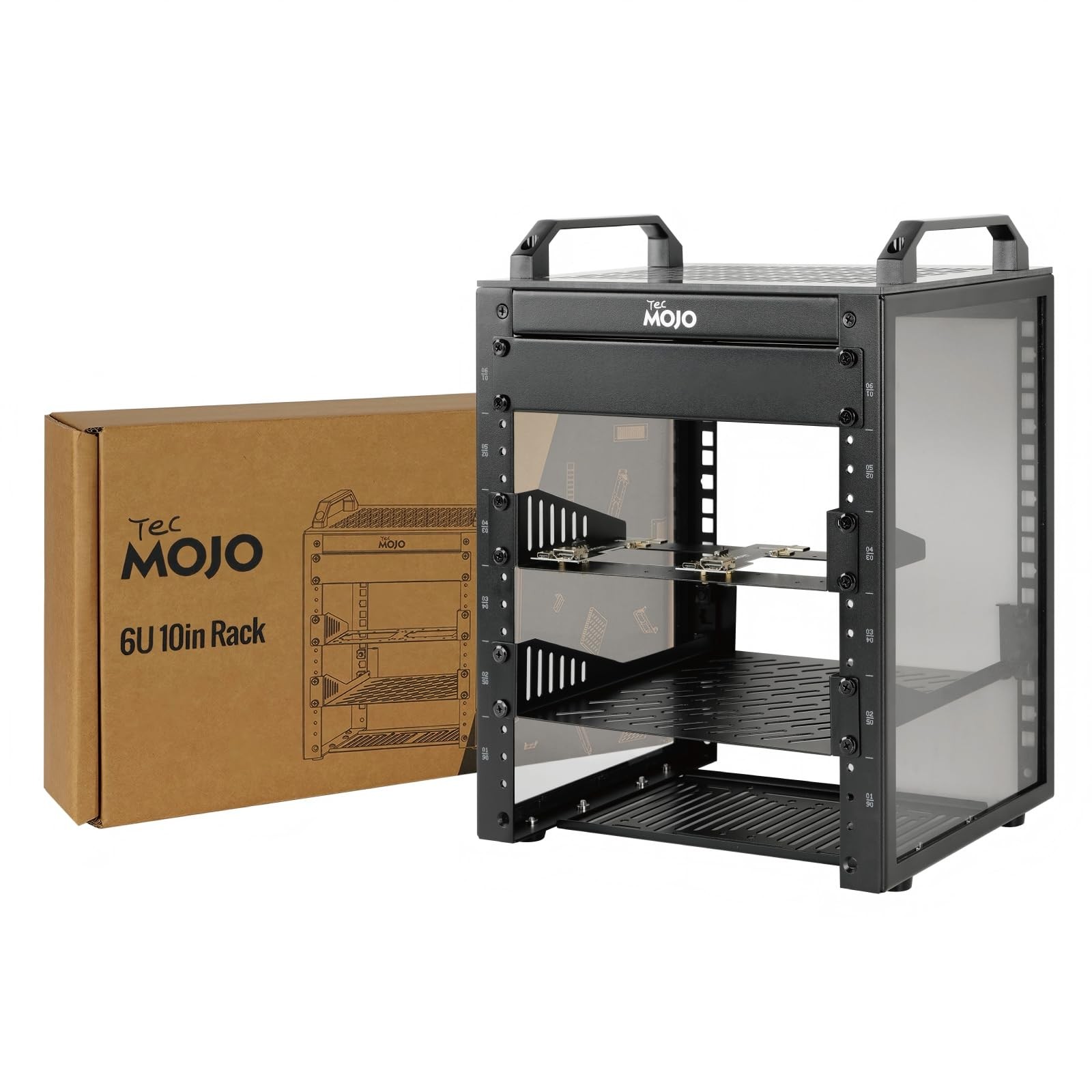 Compact 6U Mini Network Rack with Translucent Panels & Handles, Black