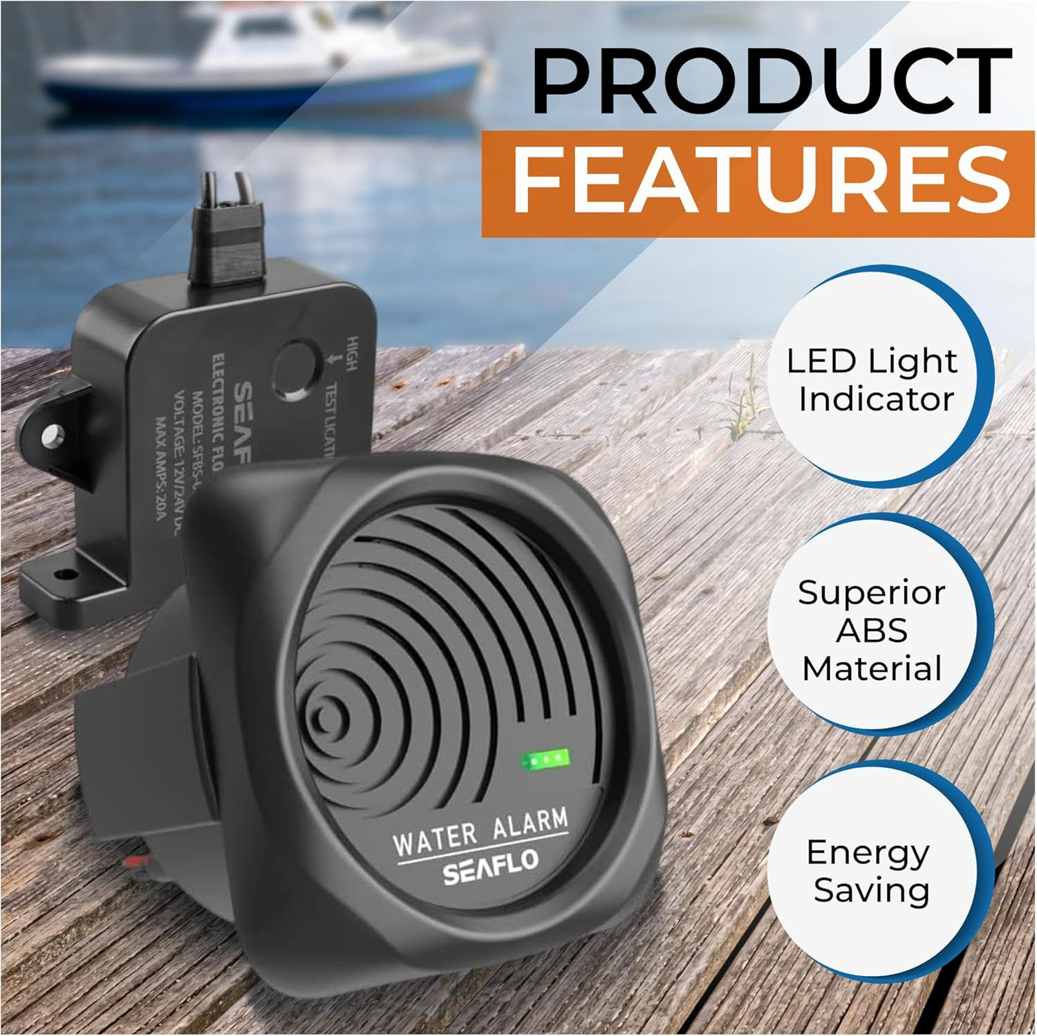 High Water Level Alarm System for Bilge - 12V, 95Db, Solid State Switch