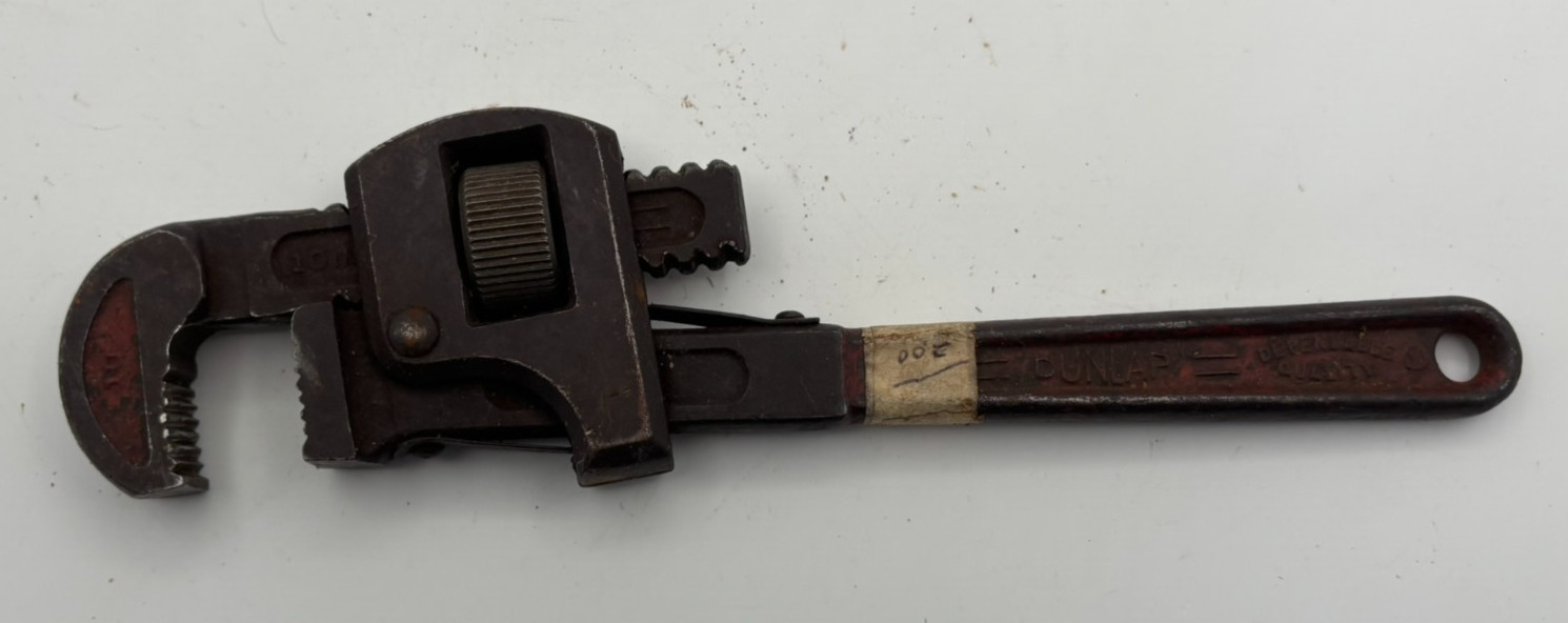 Antique Dunlap Adjustable Pipe Wrench Forged Steel Size 10” Vint. Plumbing Tool