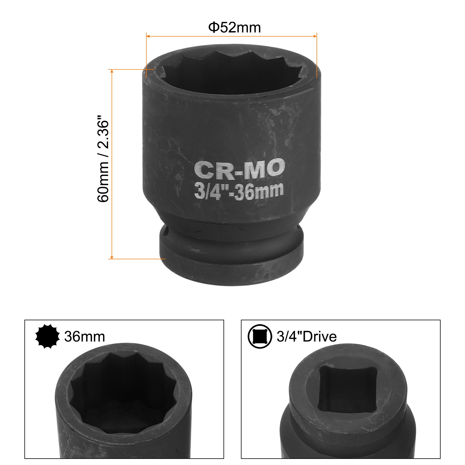 3/4-Inch Drive 12 Point Impact Socket 36mm Spindle Axle Nut Socket Driver