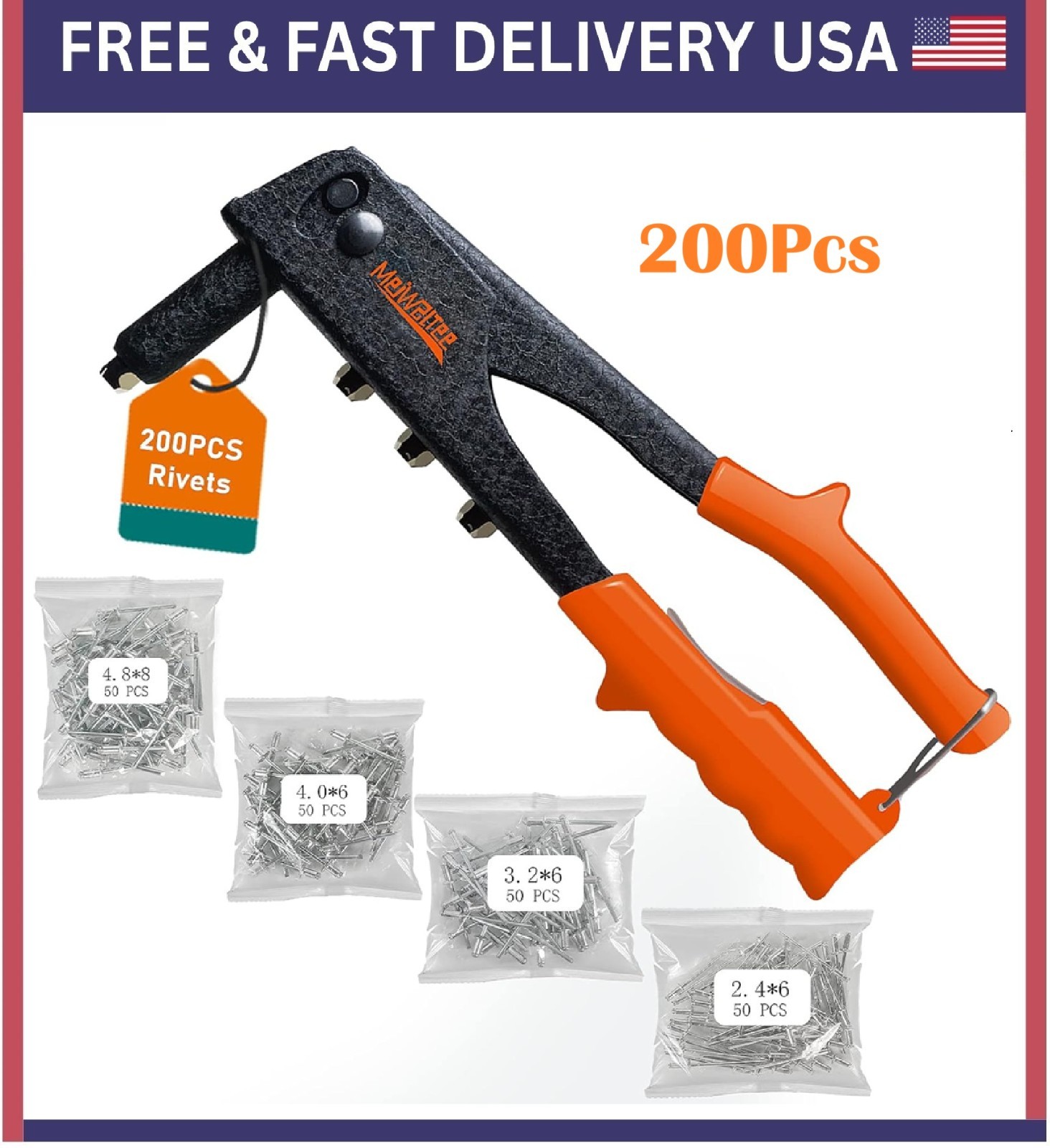 Heavy Hand Riveter Rivet Gun Professional Pop Rivet Gun Kit with 200pcs Rivets