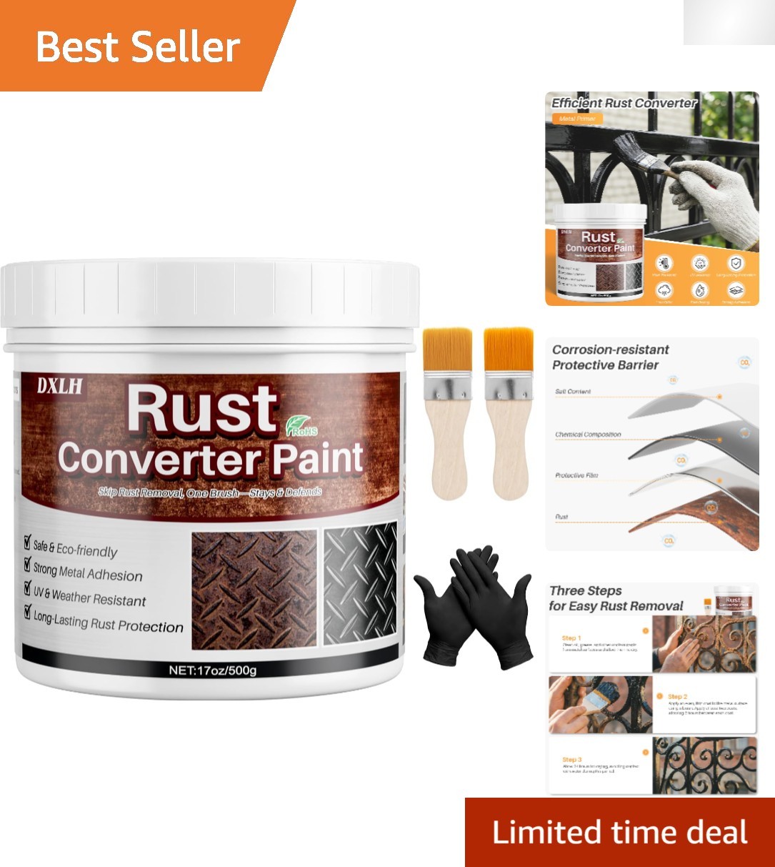 2-in-1 Rust Converter & Metal Primer - 17oz Black Paint, No Sanding Required