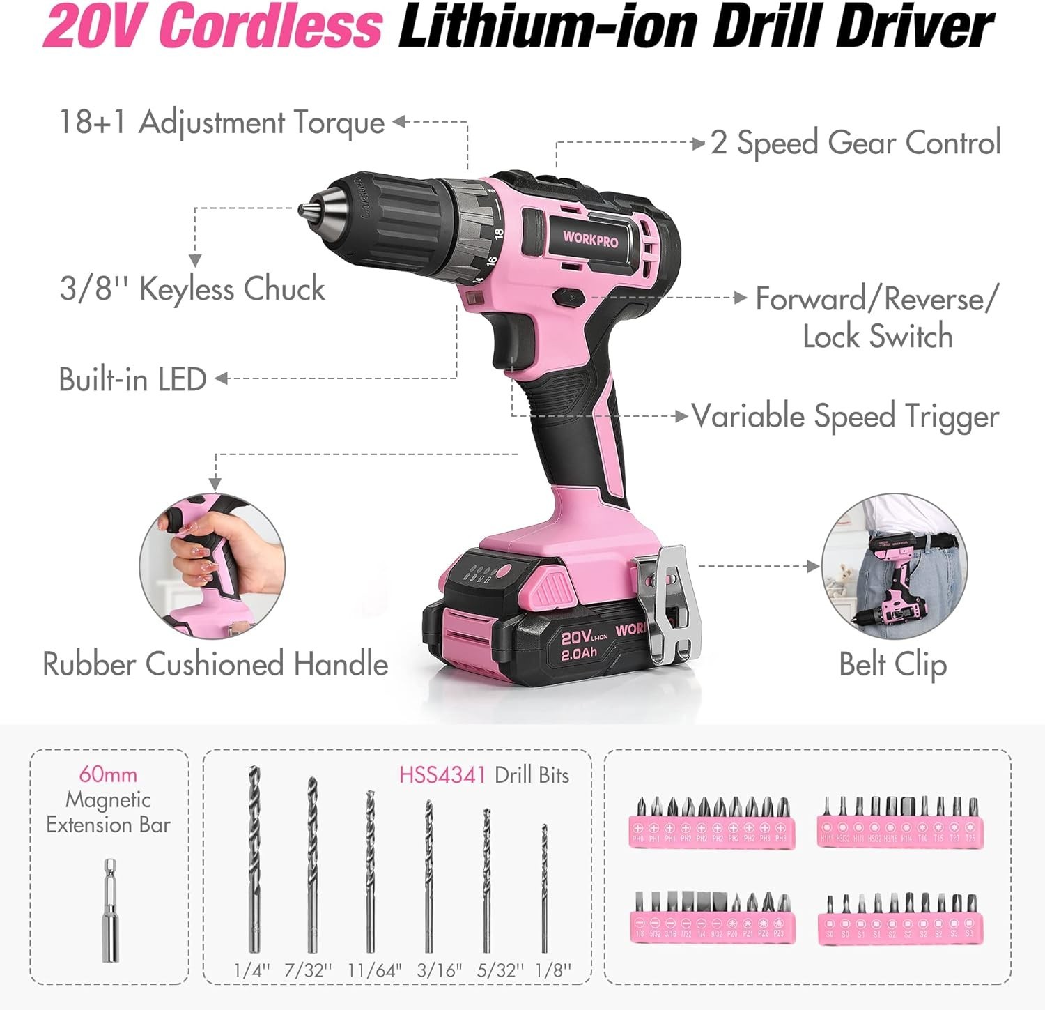 Pink Tool Kit with Drill, Tool Set with 20V Cordless Lithium-ion Drill Driver...
