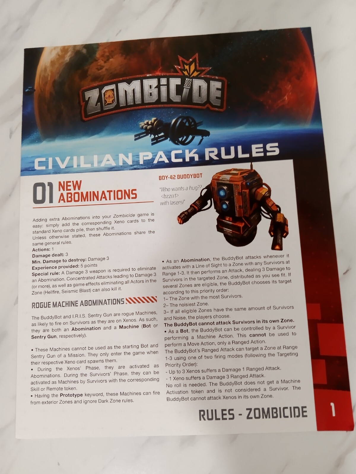 Zombicide Invader Civilian Extras - Rulebook Leaflet - KS