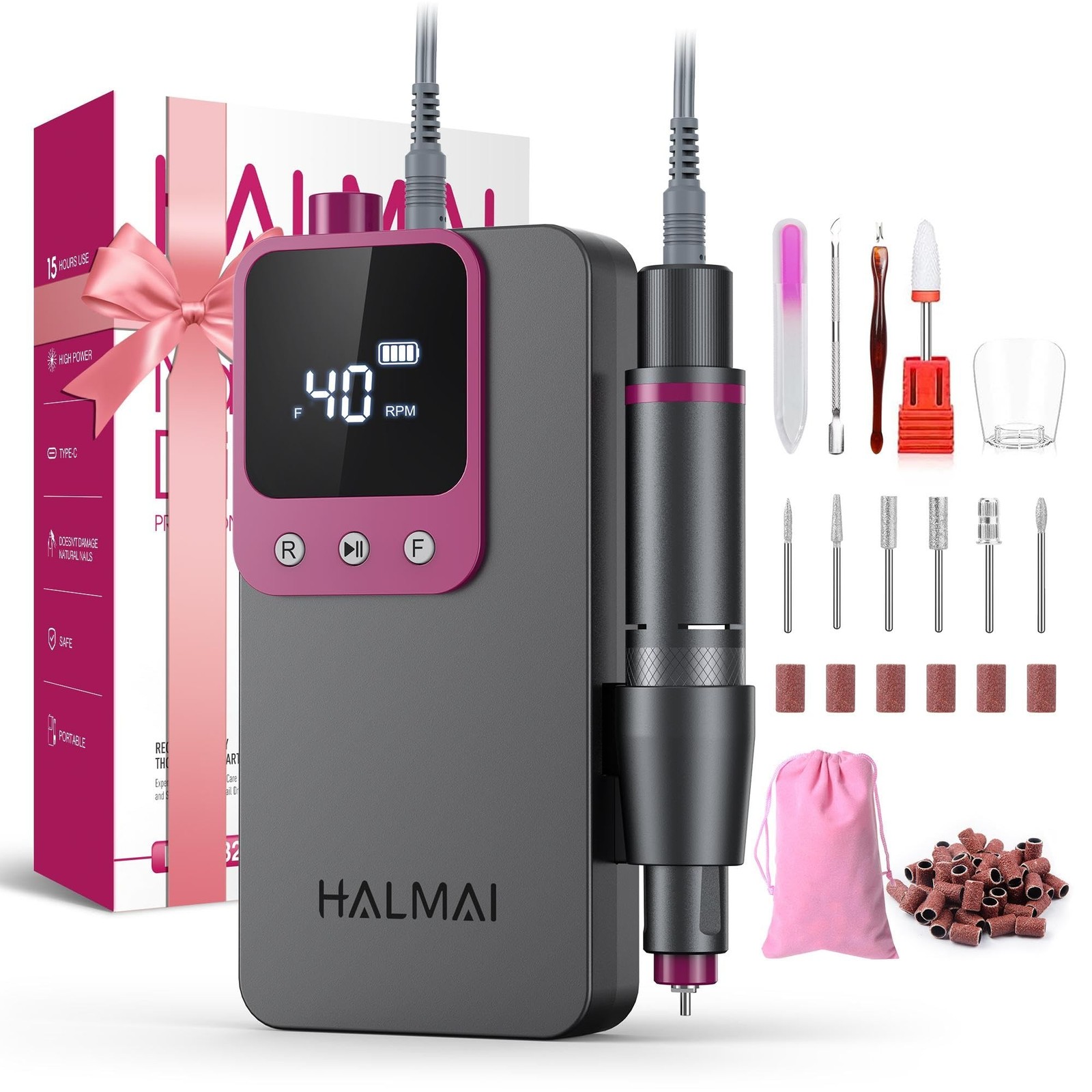 Electric Nail Drill Professional Portable File for Acrylic Gel Nails, Cordless