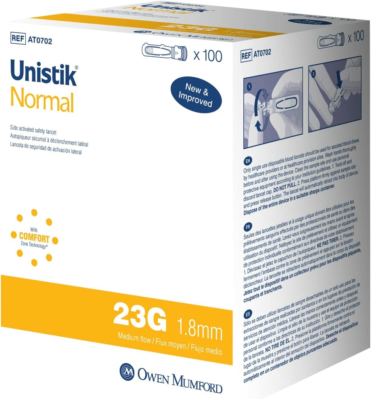 Unistik Normal 23G Single Use Safety Lancets 100 ct ( yellow )--
