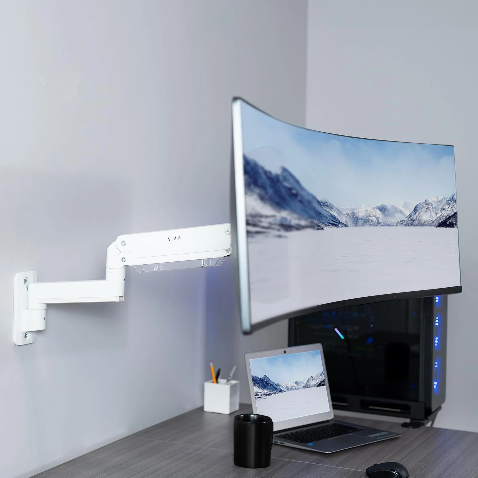 VIVO White Single Pneumatic Monitor Wall Mount, Fits Ultrawides up to 49"