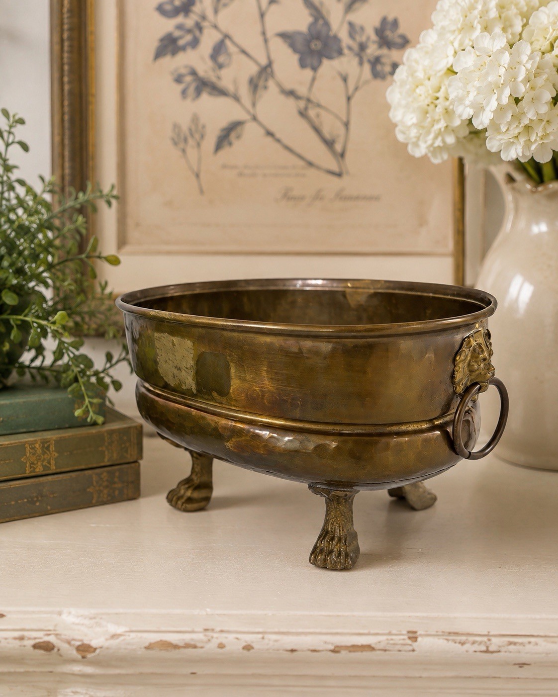 Vintage Brass Lion Head Cachepot Planter: Footed Jardiniere Decorative Bowl