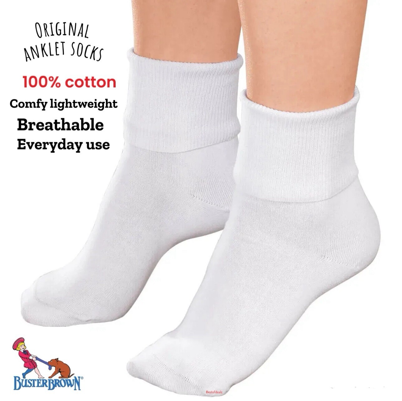 Women's BUSTER BROWN 100% Cotton Thin Fold over Bobby Crew Ankle Socks- 6 PAIRS