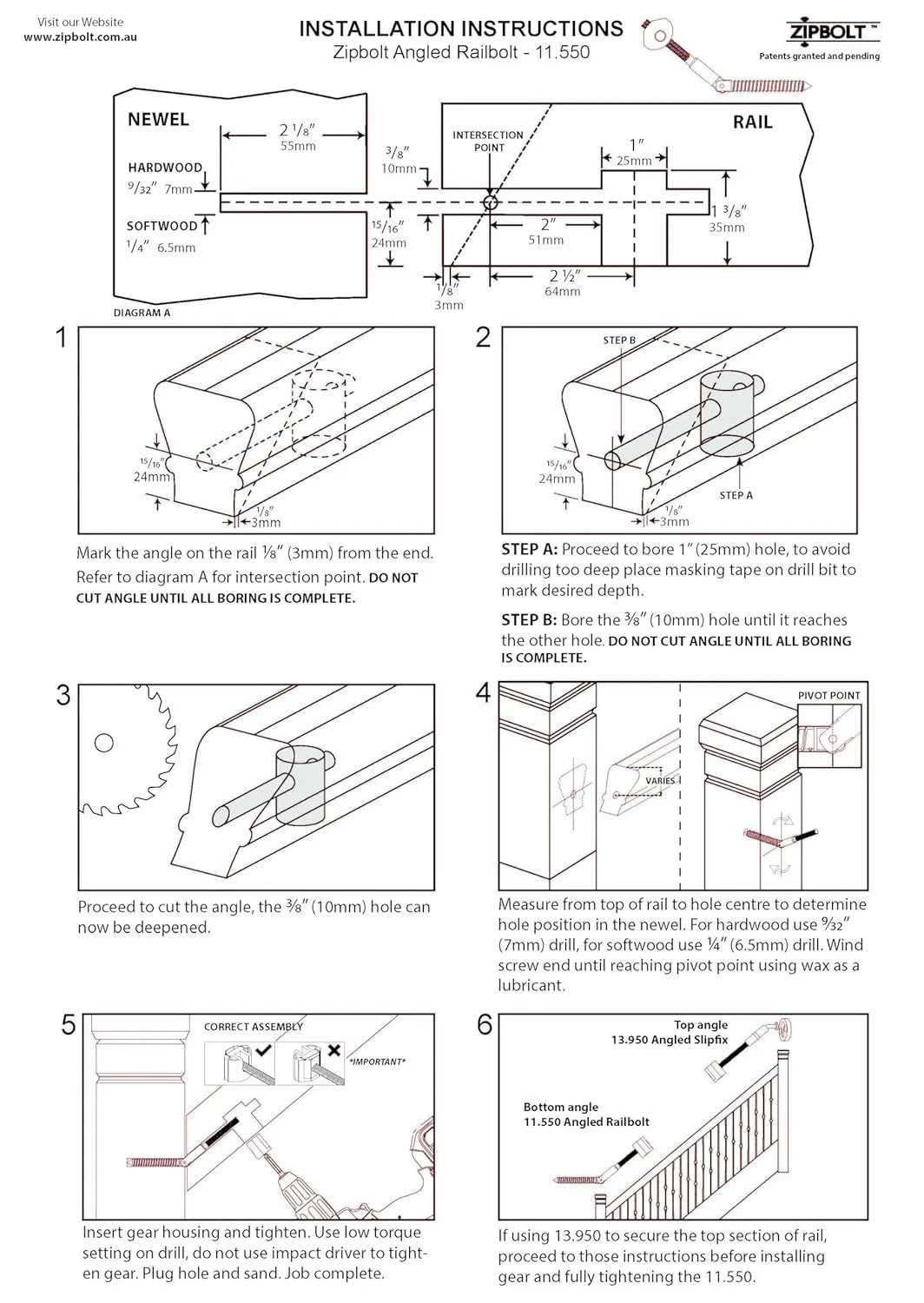 Zipbolt 11.560 Angled Railbolt — Staircase Handrail 1 Pack, Metallic