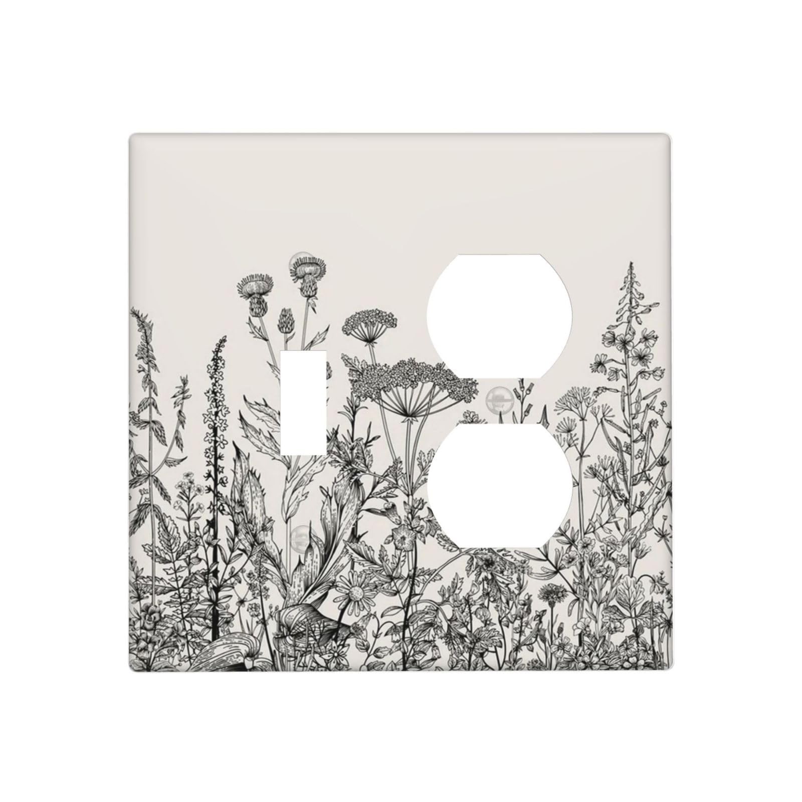 LOLREAI Decorative Outlet Covers Beige Skech Plant Leaves Flowers 2 Gang Wall...