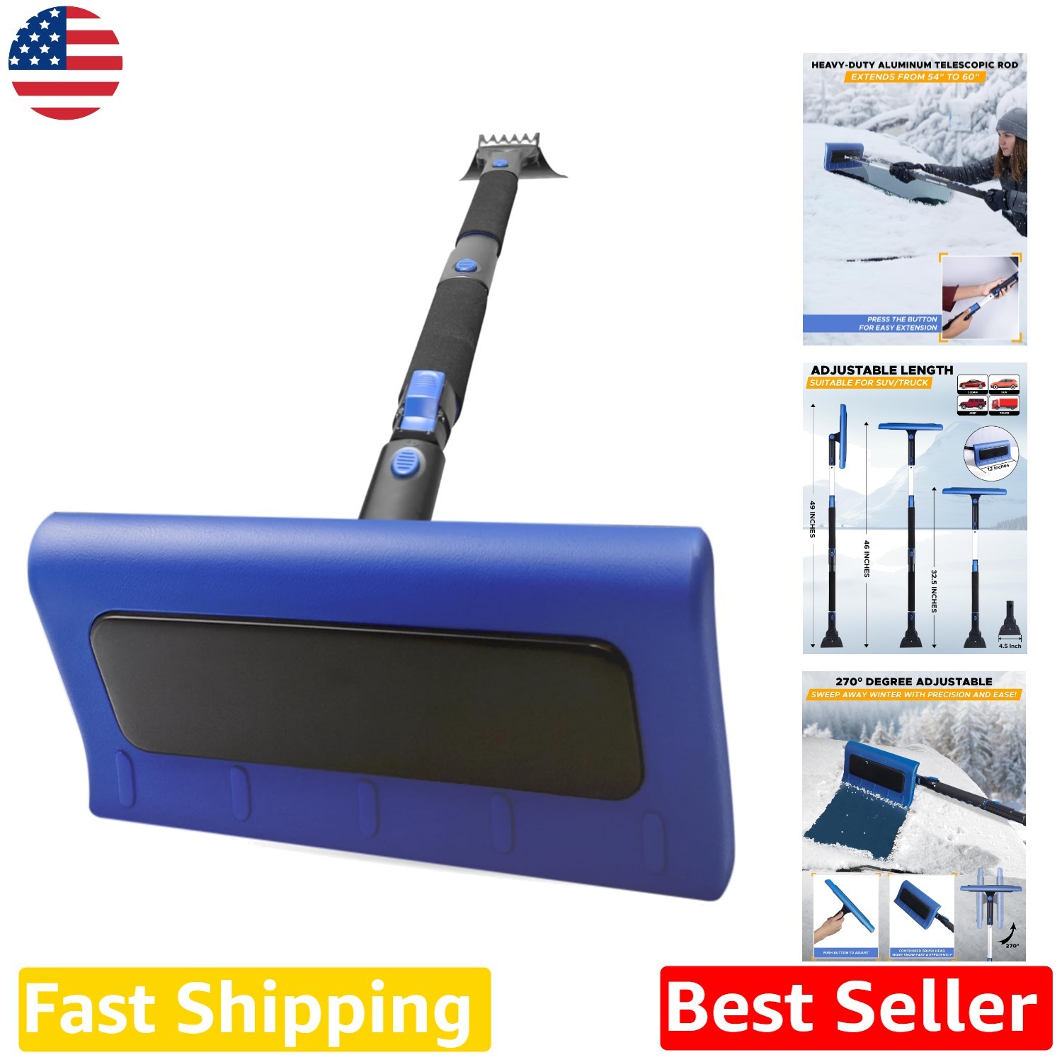 Blue 49" Snow Rake & Ice Scraper - Pivoting Head, Aluminum Handle, Car Windsh...