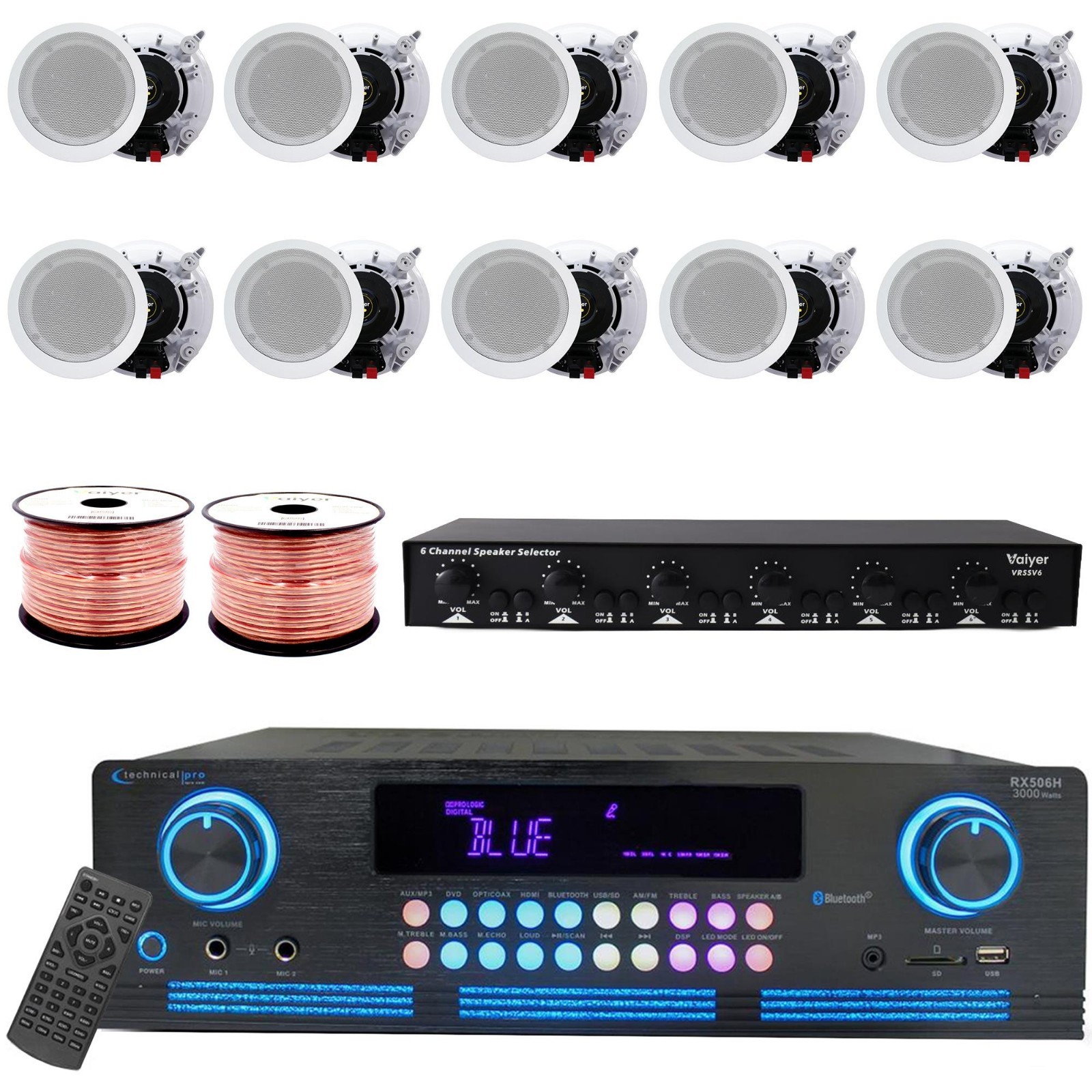 Vaiyer 2000W Sound System Kit w/5.25" Frameless Ceiling Speakers & 6-Ch Selector