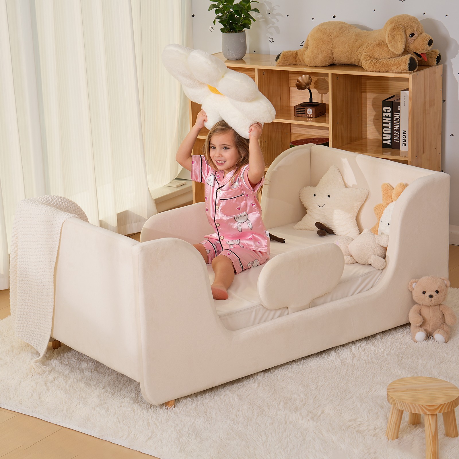 SLSY Toddler Bed, Toddler Floor Bed Frame with Guard Rails Kids Bed 56"L x31"W