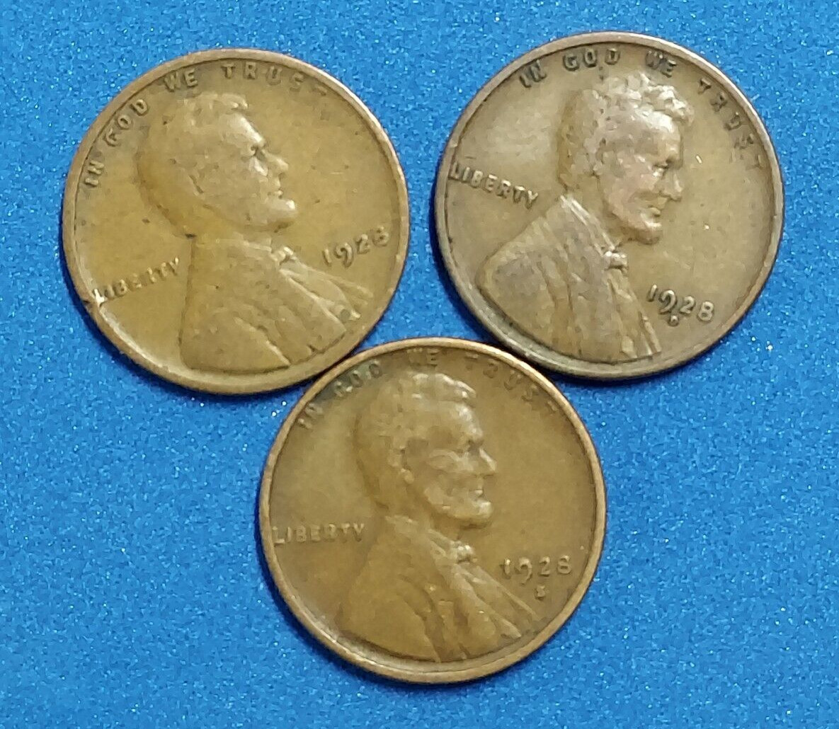 1928 P D S Lincoln Wheat Cent Penny - Set of 3 coins