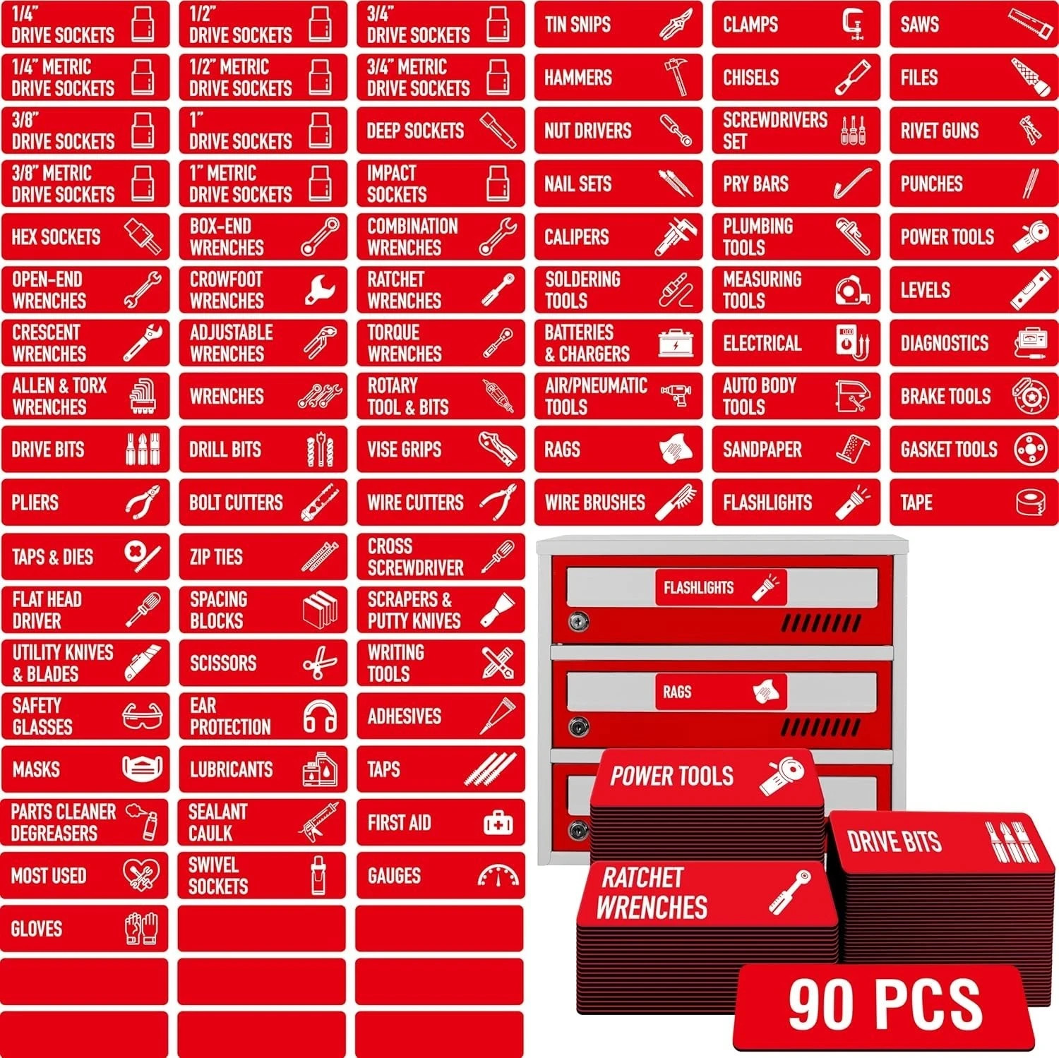 90 PCS Magnetic Toolbox Labels | Large, Easy-Read Tool Chest Drawer Organizers