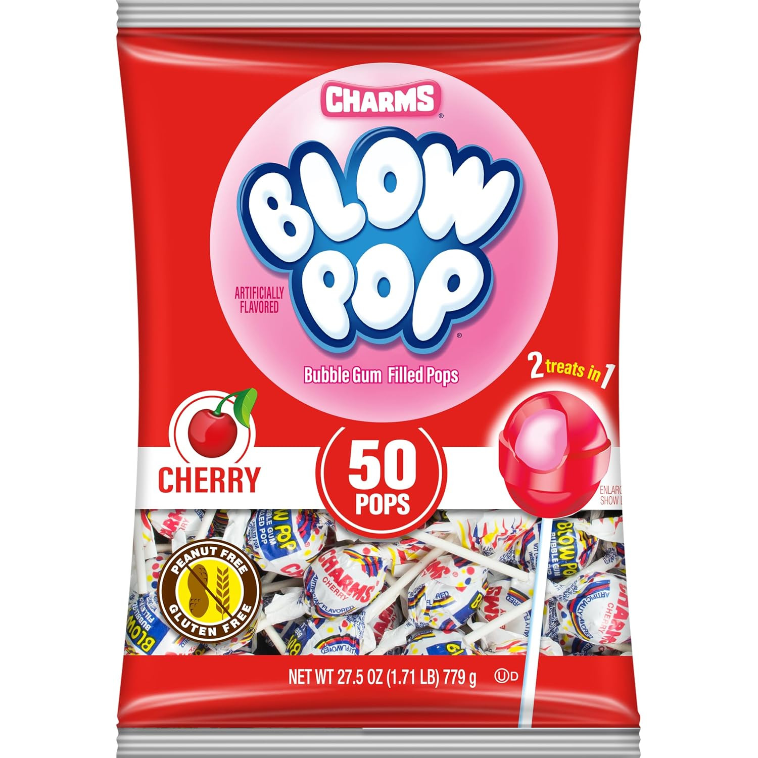 Charms Cherry Blow Pops 50 Count Bulk Lollipop Bubble Gum Center Sucker Candy Ba