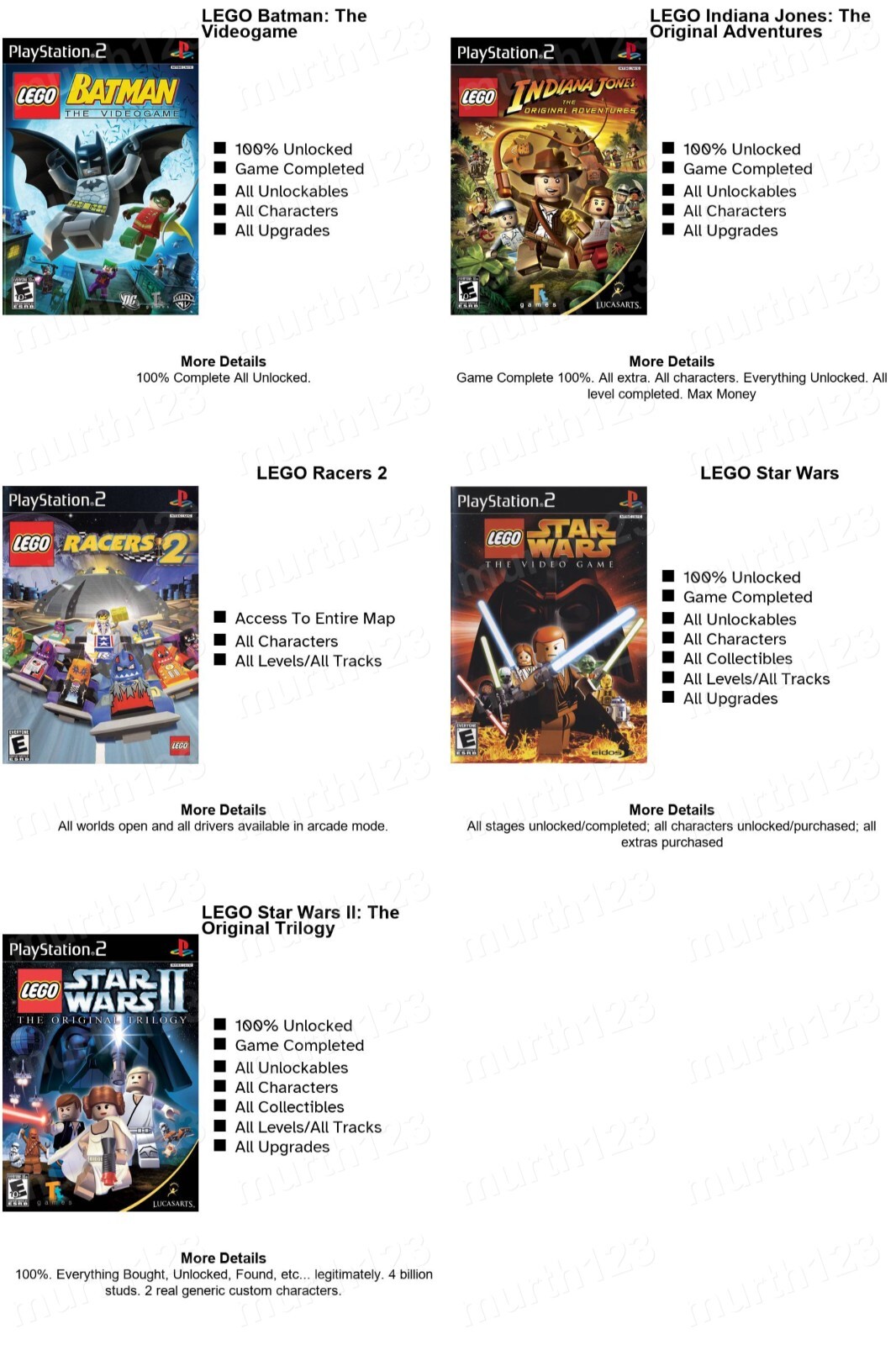 LEGO Star Wars Batman Indiana Jones Racers PS2 Memory Card 100% Beaten Unlocked