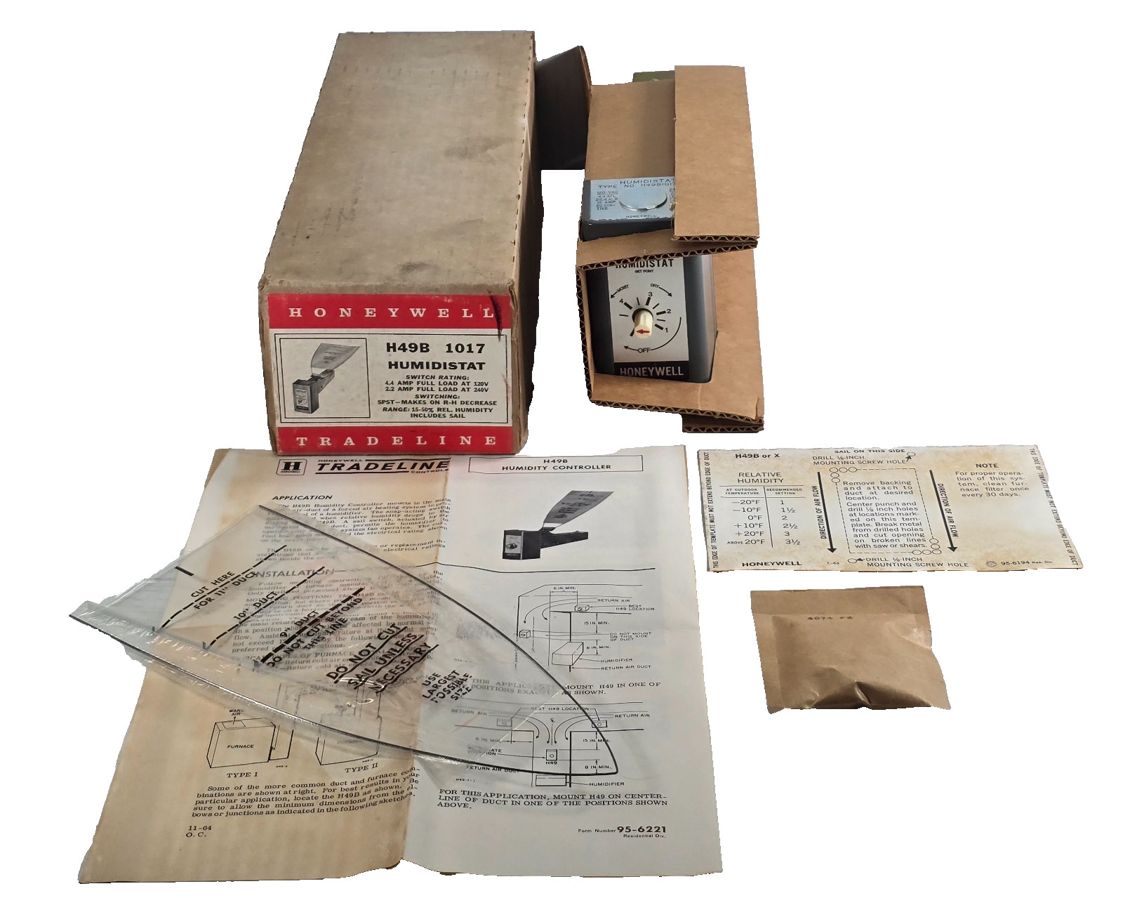 Honeywell H49B 1017 Humidistat Duct Mount Humidity Controller NOS w/ Box & Manua