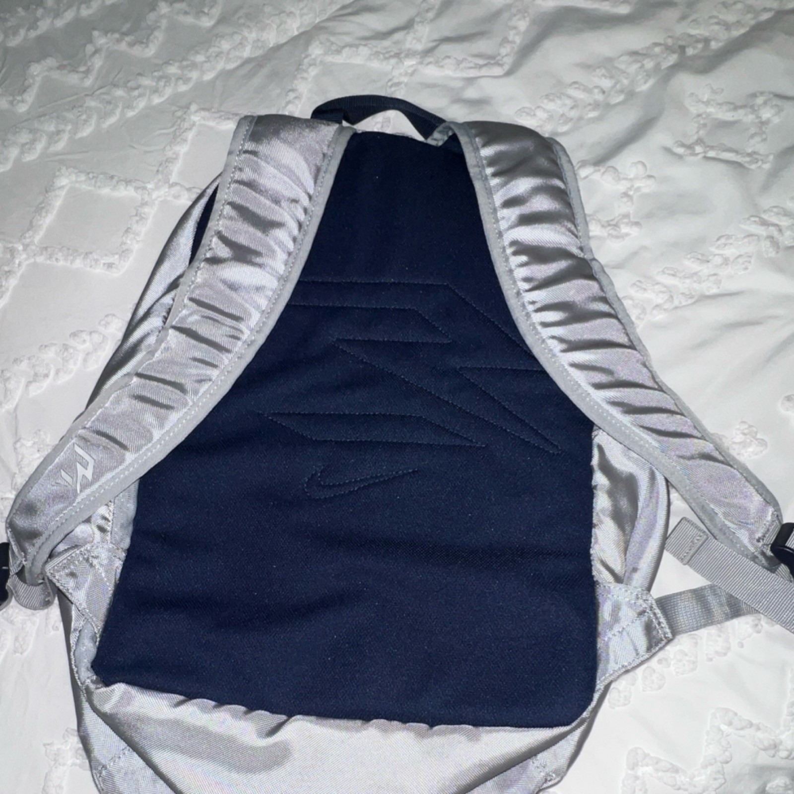 Nike Silver Navy Hiking Backpack Adjustable Straps Logo Synthetic Zipper