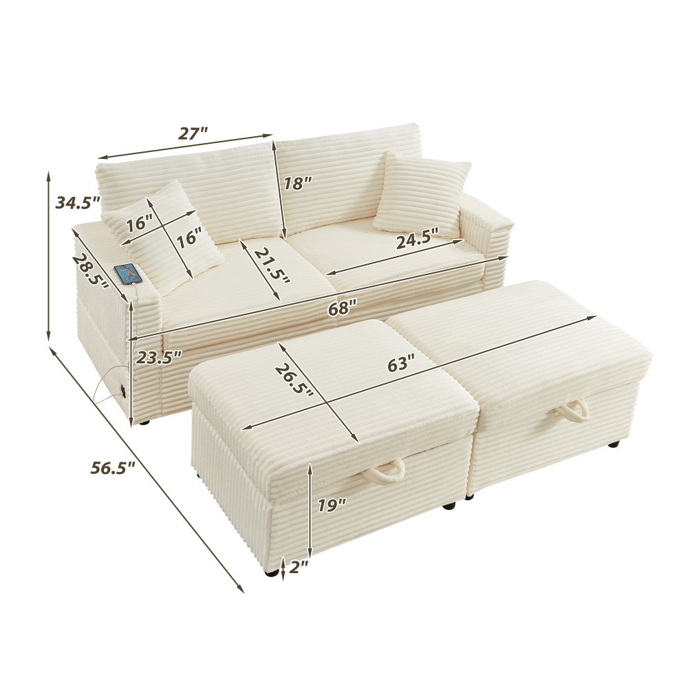 Soft Corduroy Storage Sofa w/ Ottomans & Table Board, White