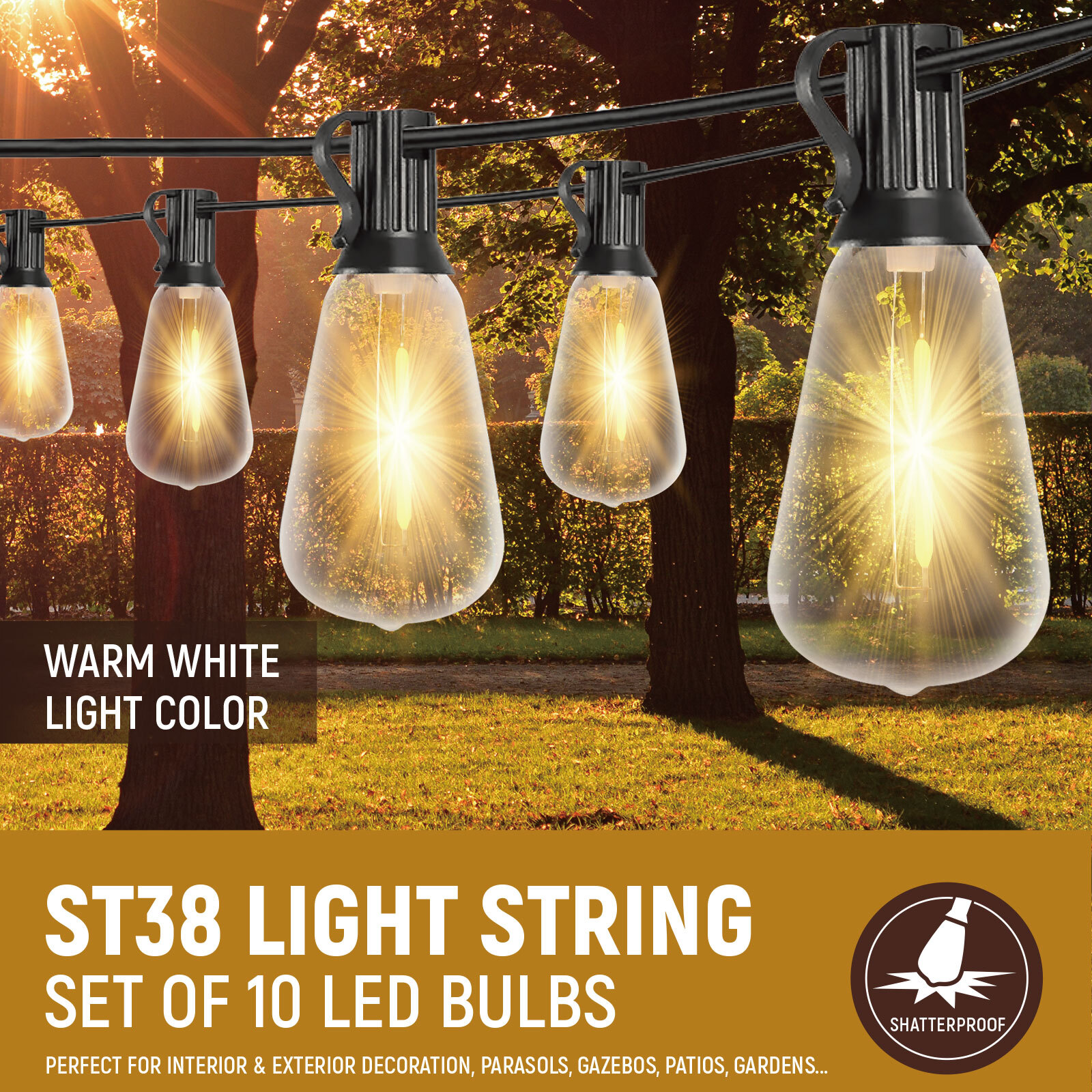10FT String Lights With 10pcs E12 ST38 LED Plastic Bulbs Garden  Holiday Decor