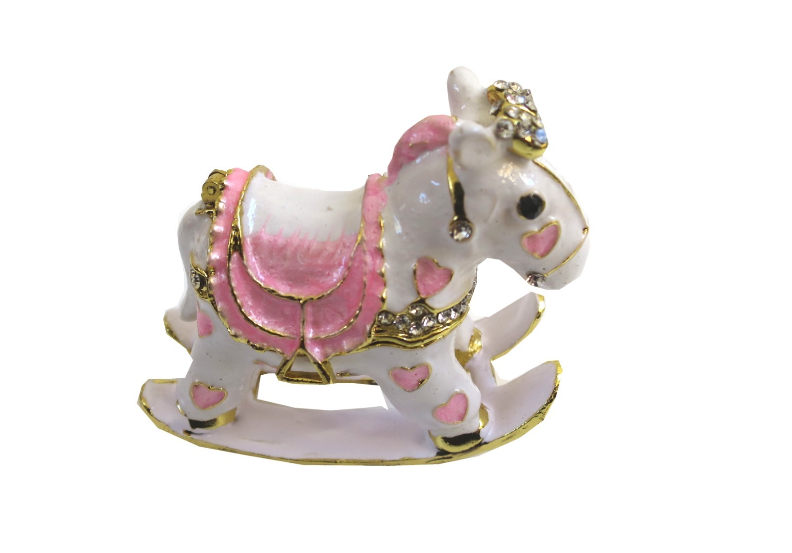Bejeweled Pink Rocking Horse Hinged Metal Enameled Crystal Trinket box