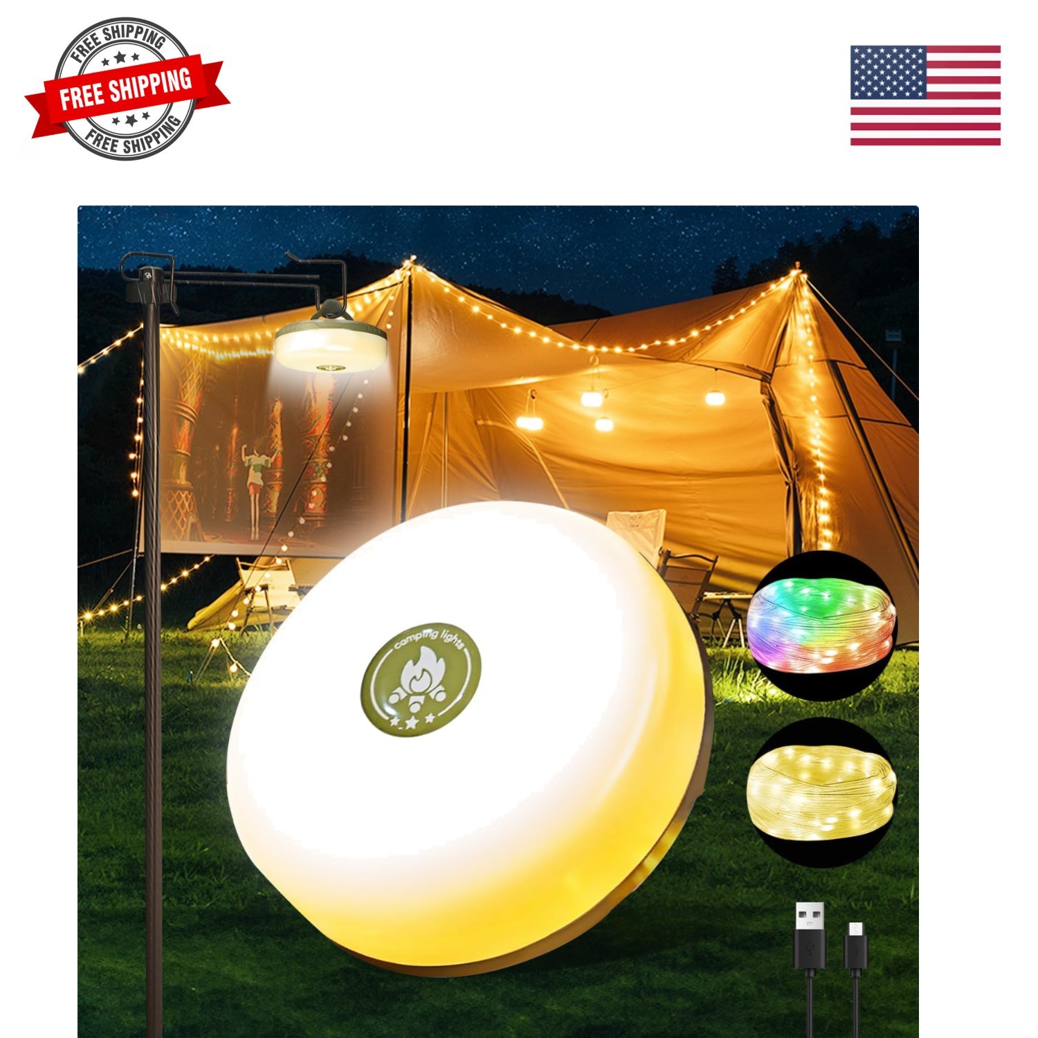 Camping String Lights,Camping Essentials Gear 32.8FT Lamp Lights Waterproof, ...