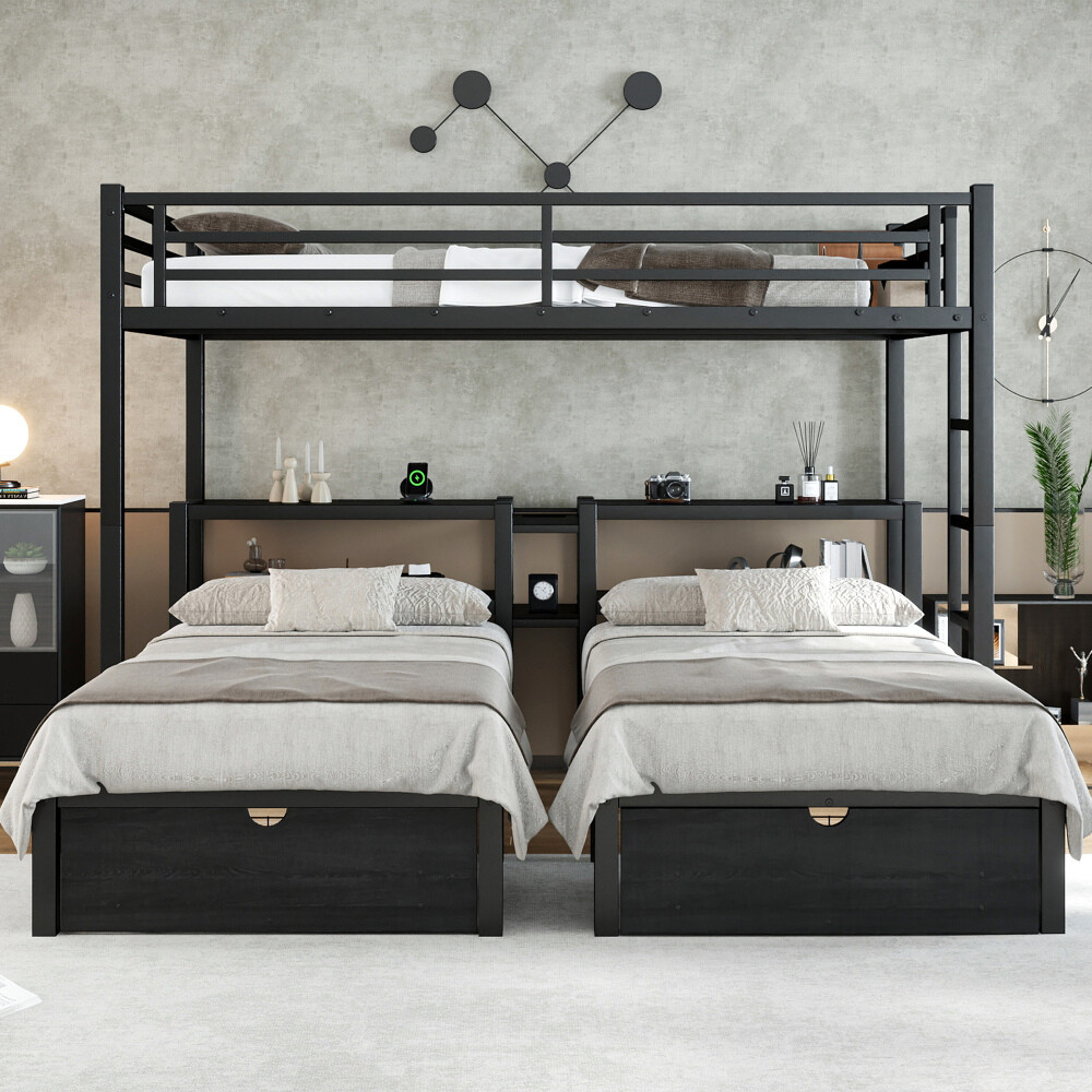 Full XL Over Twin & Twin Triple Bunk Bed w/Drawers, Multi-functional Metal Bed