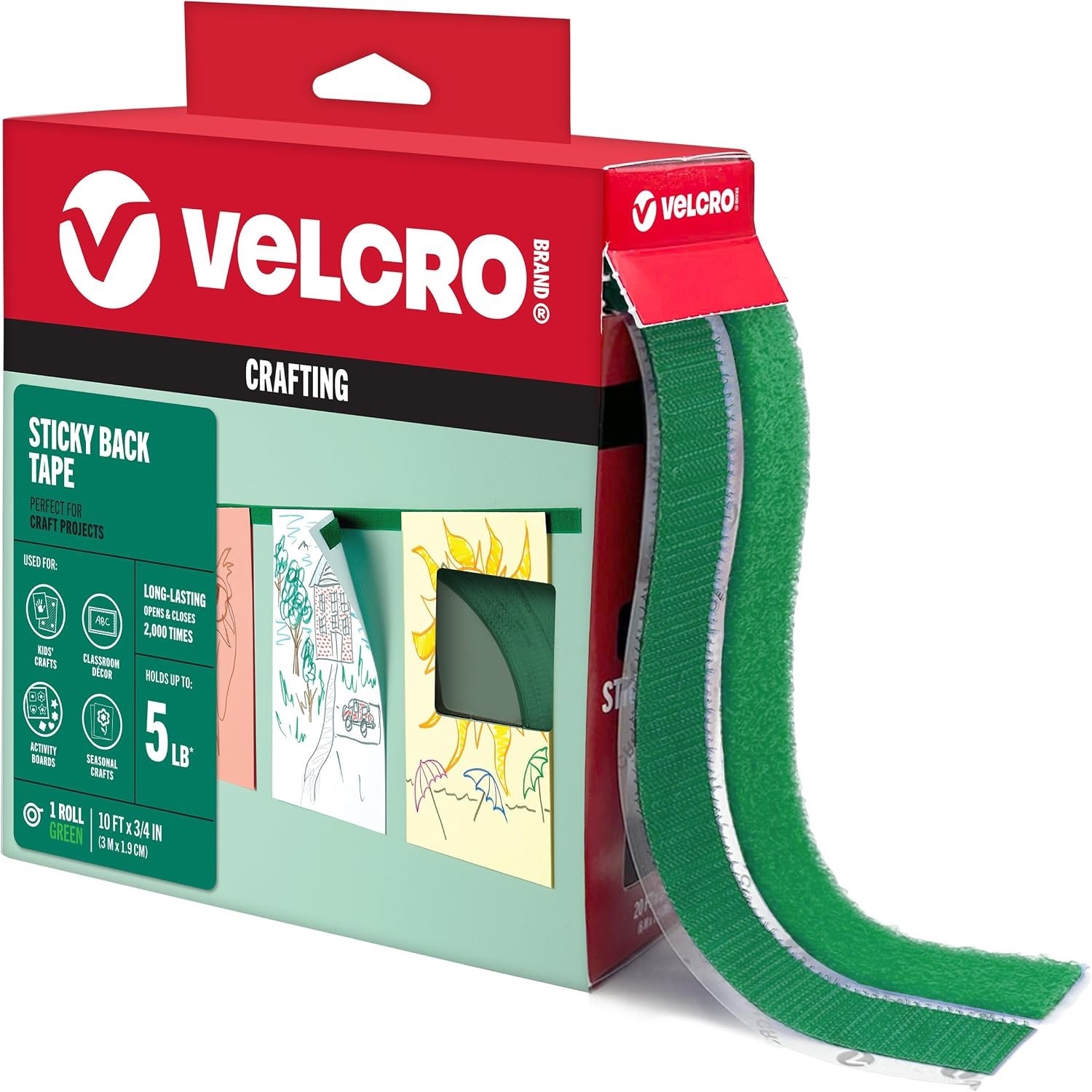 VELCRO Brand Colors | Green Sticky Back Tape | 10ft Roll with Adhesive