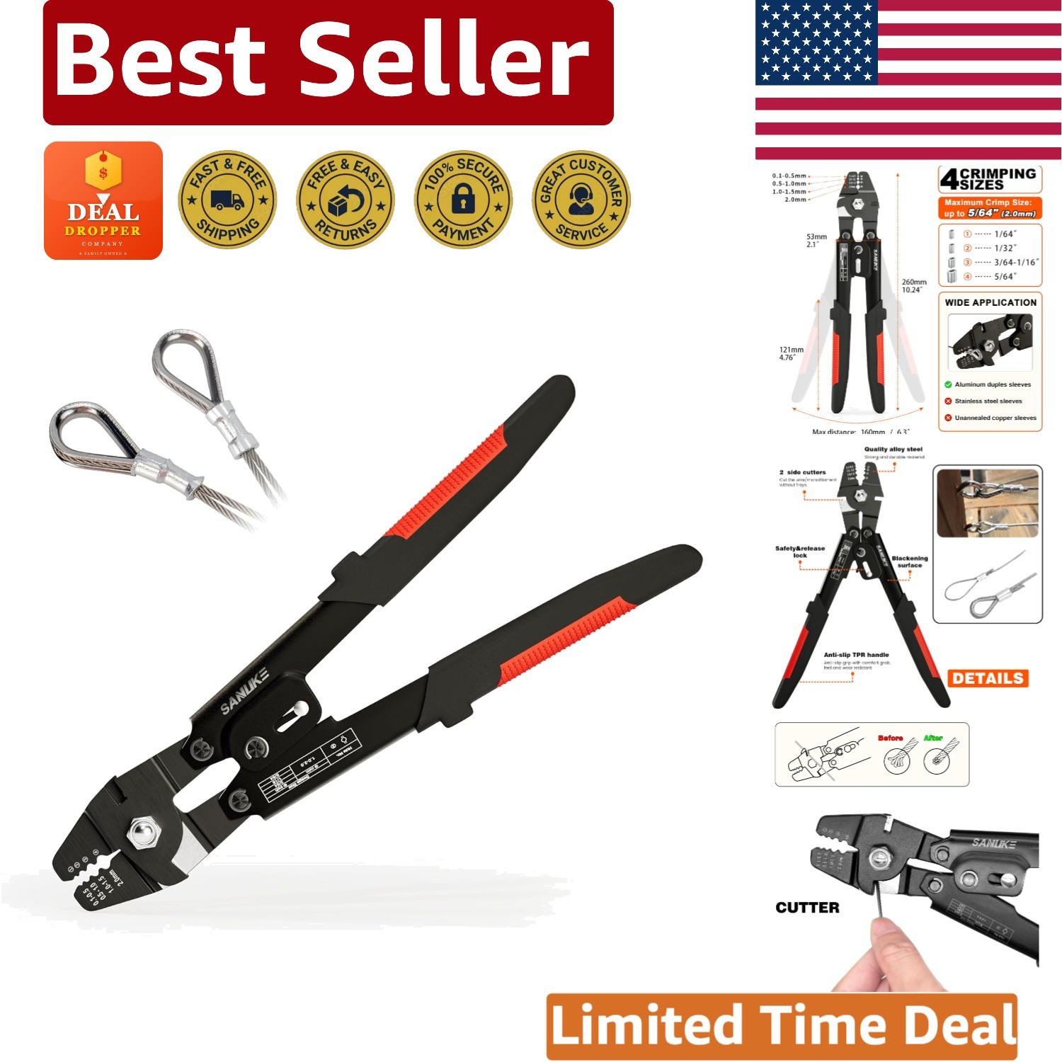 Ergonomic Wire Rope Crimper for Loop Sleeves up to 2.0mm - Secure & Convenient