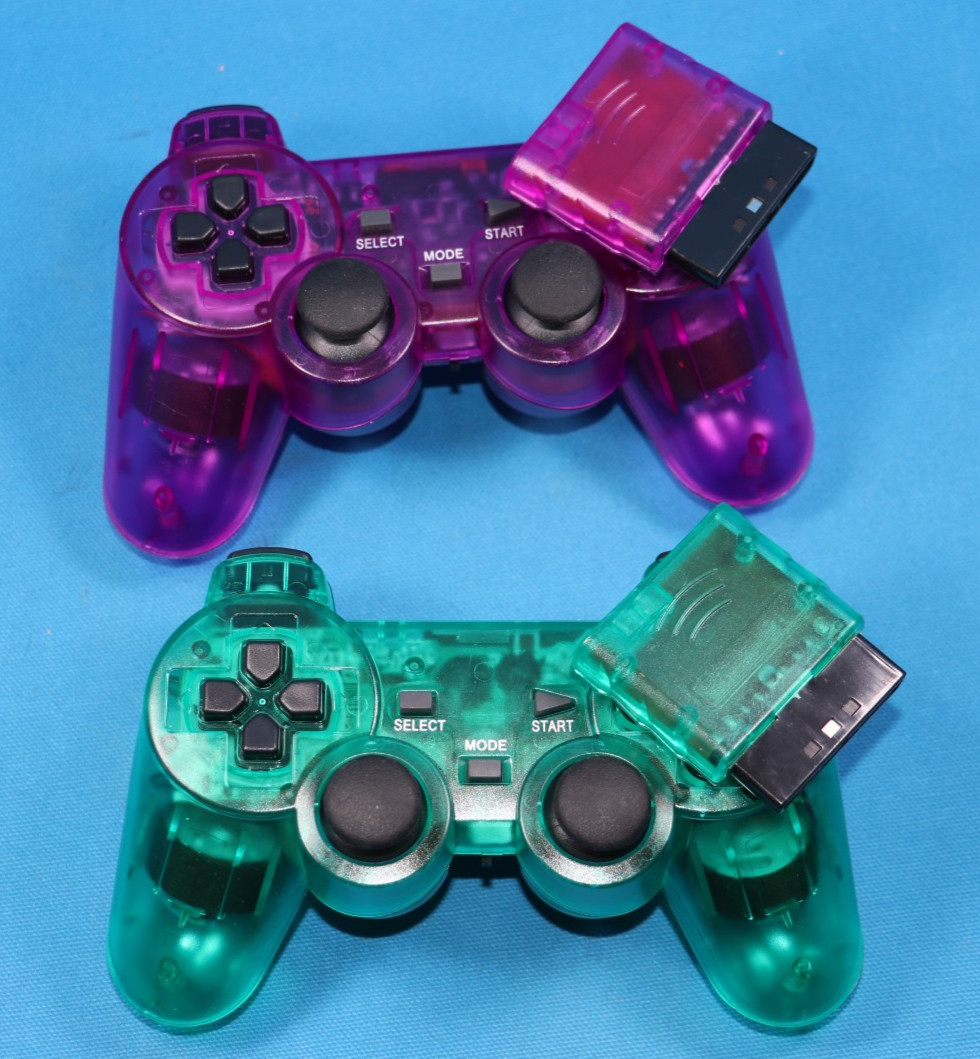 FOR PLAYSTATION 2 PS2 Dual Vibration WIRELESS GAMEPAD CLEAR PURPLE/GREEN 2 PACK