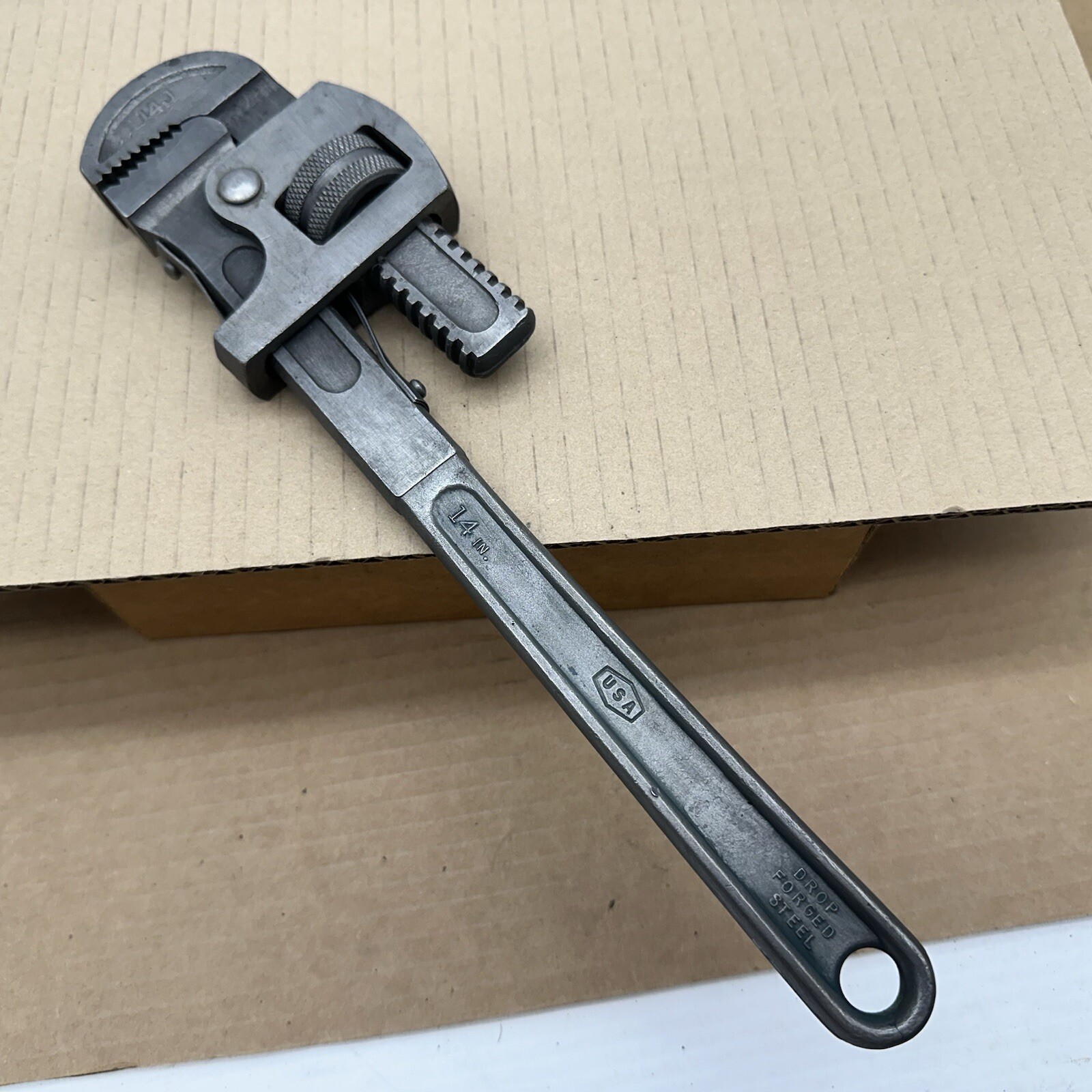 Vintage Heavy Duty Pipe Wrench Made In USA 14” Drop Forged Tool Steel Very Nice
