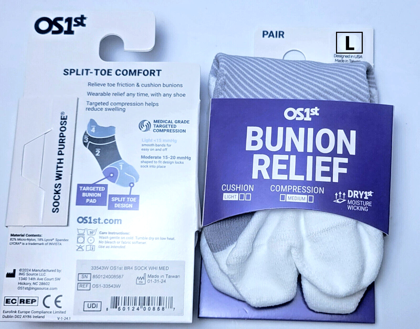 OS1st BR4 Bunion Relief Socks White L