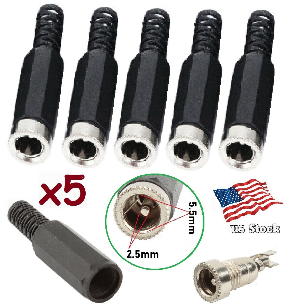 5-Pack DC Power 5.5x2.5mm (Soldered) Female Barrel Jack Connectors