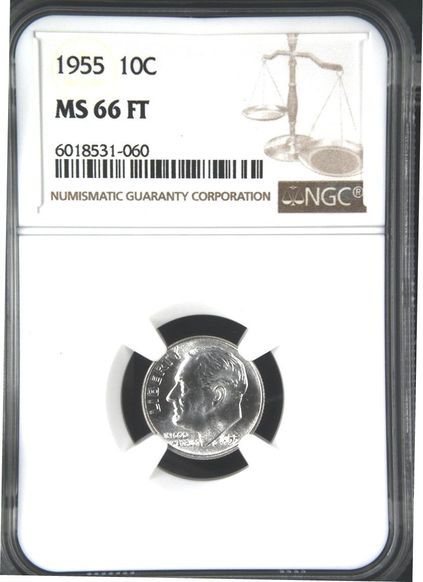 1955 Roosevelt Dime, NGC MS 66 Full Torch, Nice Luster