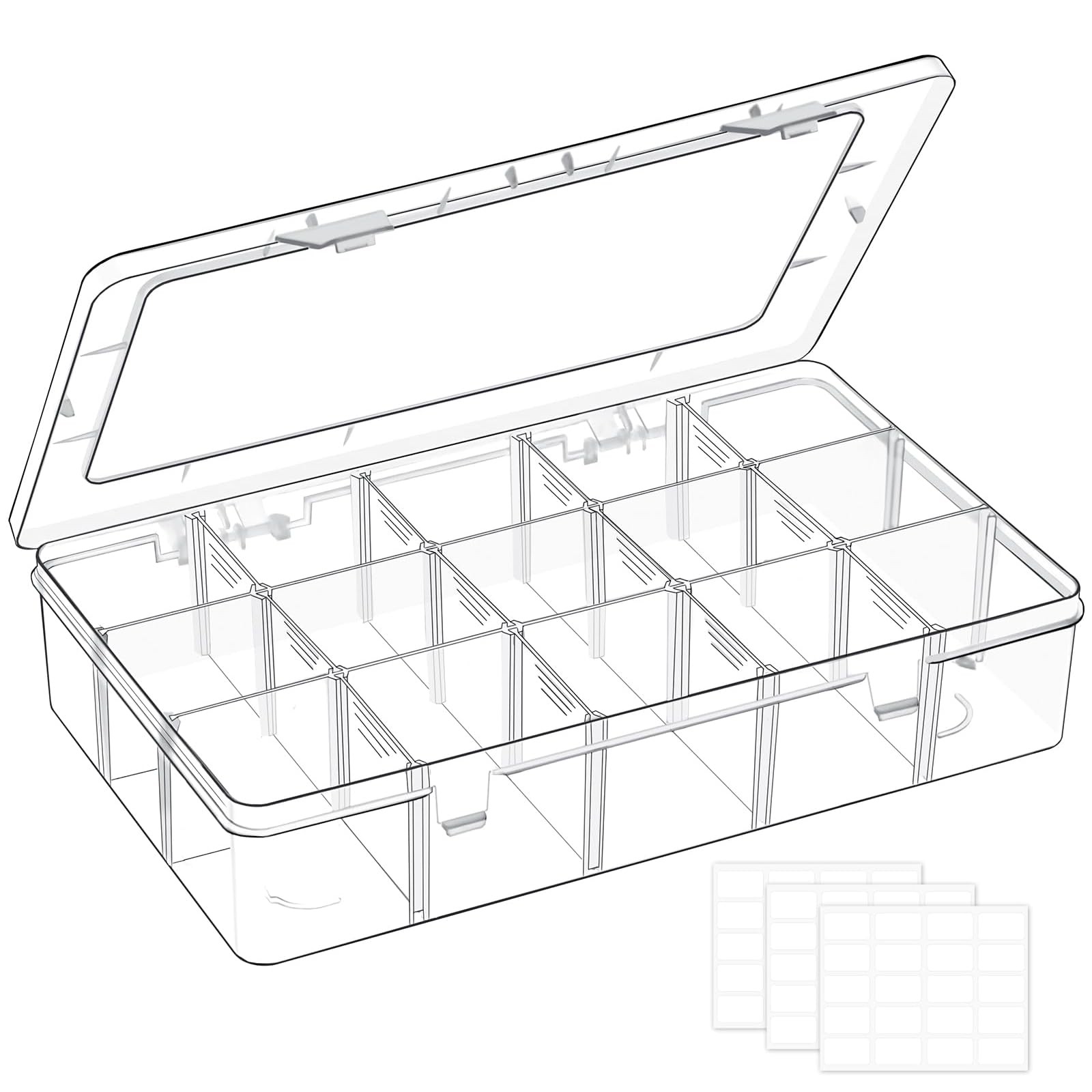 15 Grids Large Plastic Organizer Box with Adjustable Dividers, Clear Craft Or...