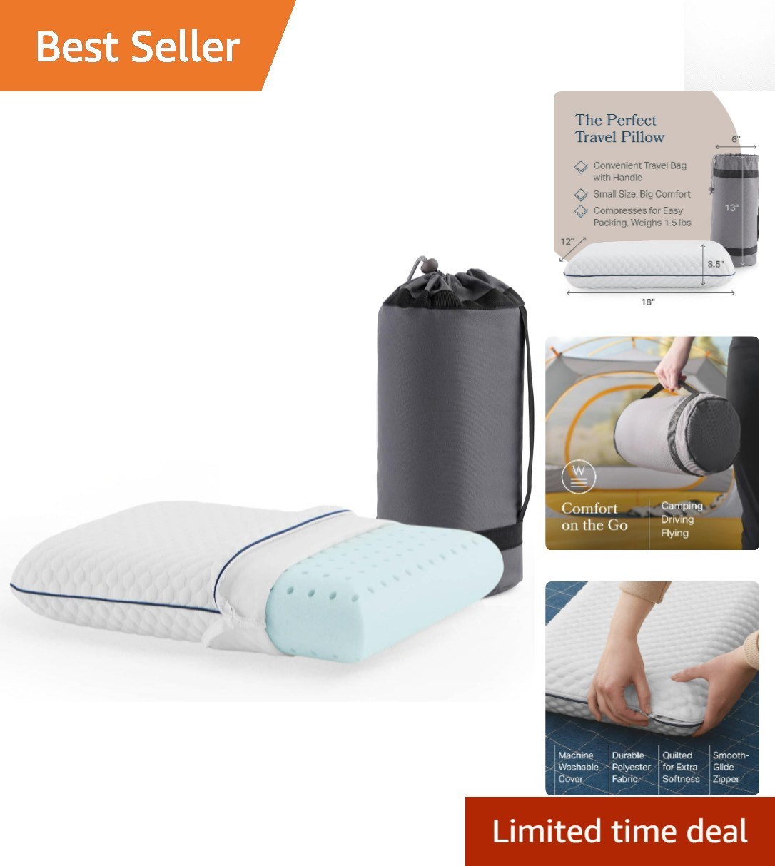 Cooling Gel Memory Foam Travel Pillow - Compact Comfort for Side & Back Sleepers