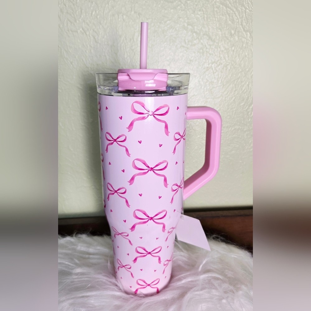 The Spring Shop Pink Bow Breast Cancer Insulated 40 oz Tumbler- Handle/Straw NEW