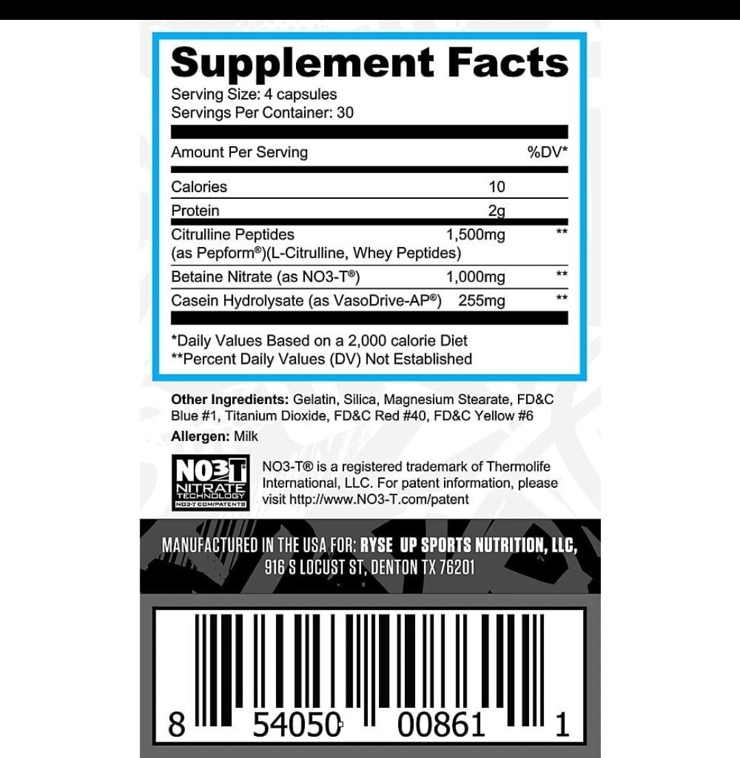 RYSE Pump Cap Max Nitric Oxide Vasodilator 120 Capsules
